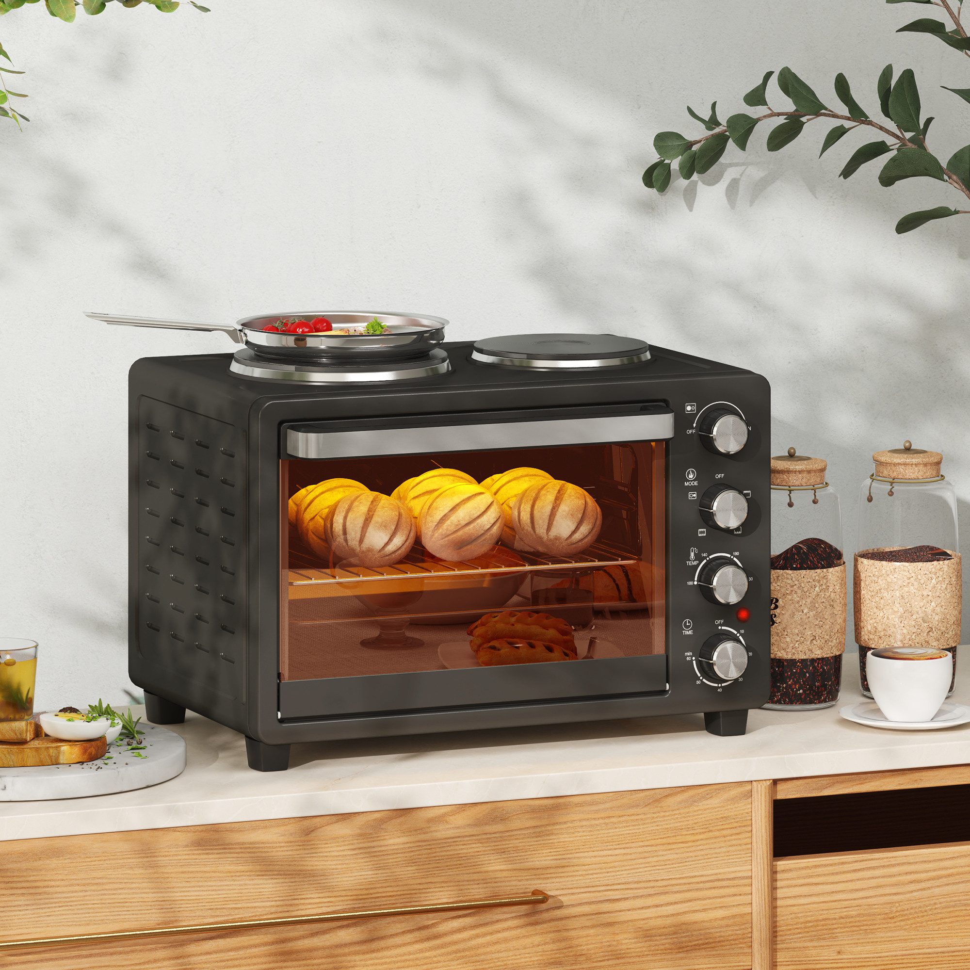 HOMCOM Minibackofen Mini Backofen 28L inkl. Krümelblech, mit Innenbeleuchtung Schwarz, mit Warmhalteplatten, Backblech und Grillrost