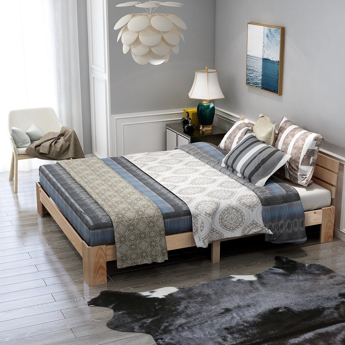 Odikalo Massivholzbett Einzel-/Doppelbett Kieferbett mit Kopfteil Lattenrost, Natur/Weiβ