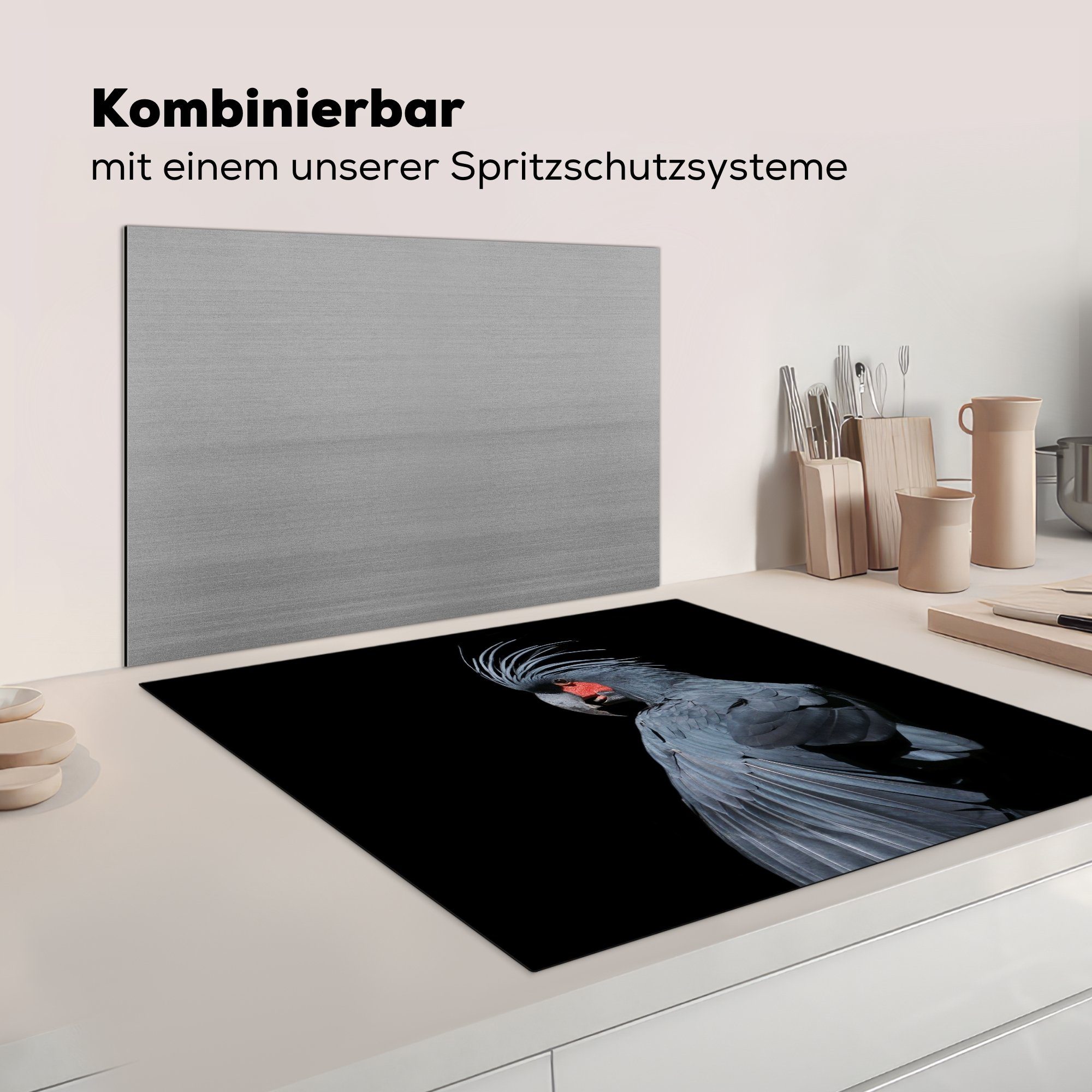 schwarzem cm, auf 78x78 (1 für Kakadu Dunkler Ceranfeldabdeckung, küche Arbeitsplatte Herdblende-/Abdeckplatte tlg), Hintergrund, Vinyl, MuchoWow