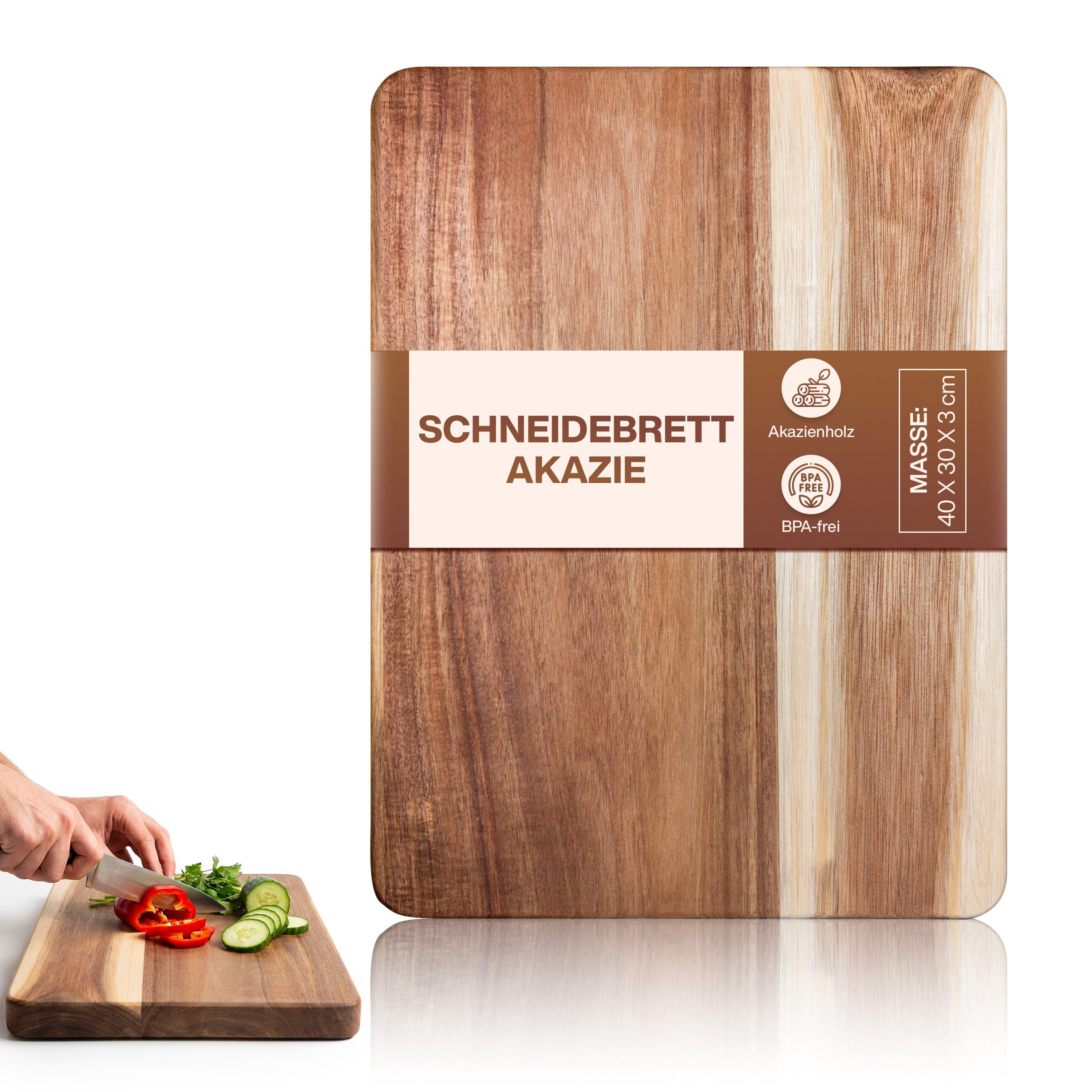 PEGSEN Schneidebrett Premium Küchenbrett Hackblock Holzschneidebrett 40x30x3cm, Massiv, Akazienholz, mit rutschfesten Standfüßen, Servierbrett & Tranchierbrett
