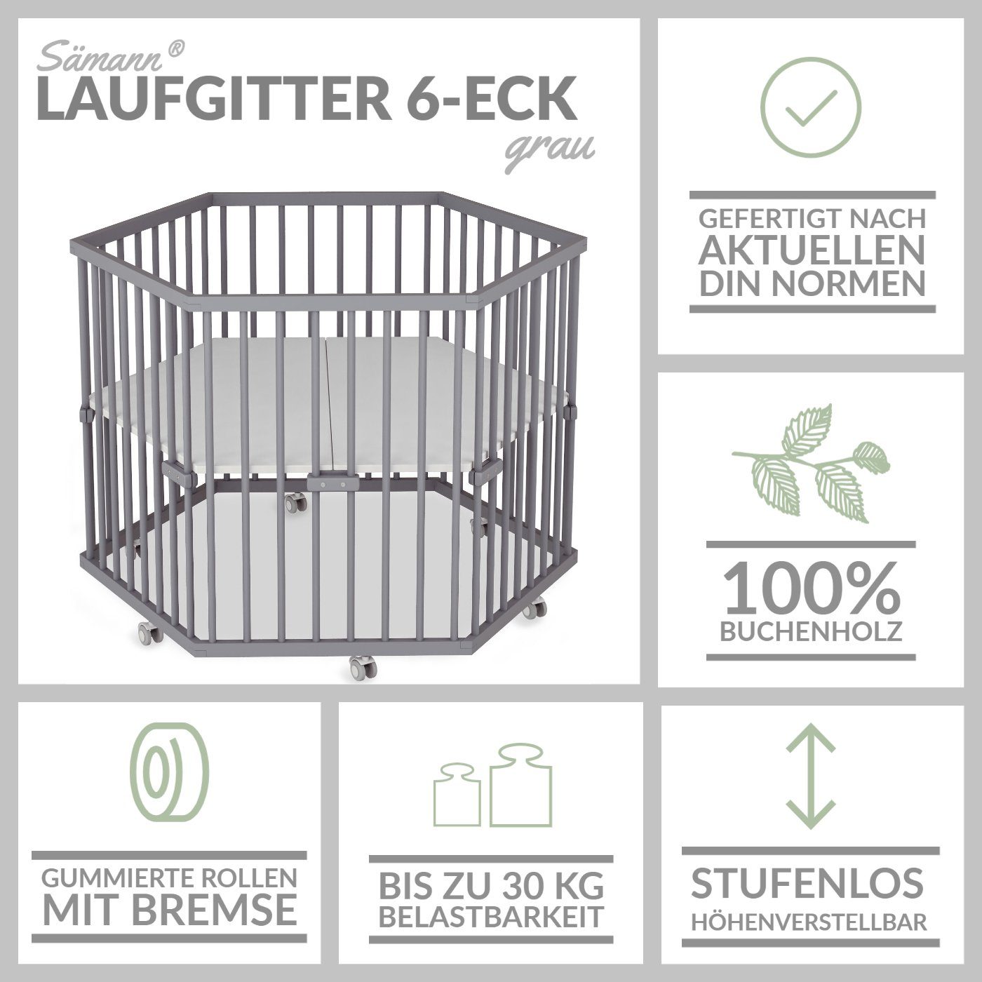 Sämann Laufgitter 6-eckig mit Made Germany, Matratze, grau nach Norm höhenverstellung, DIN gefertigt in stufenlos weiß