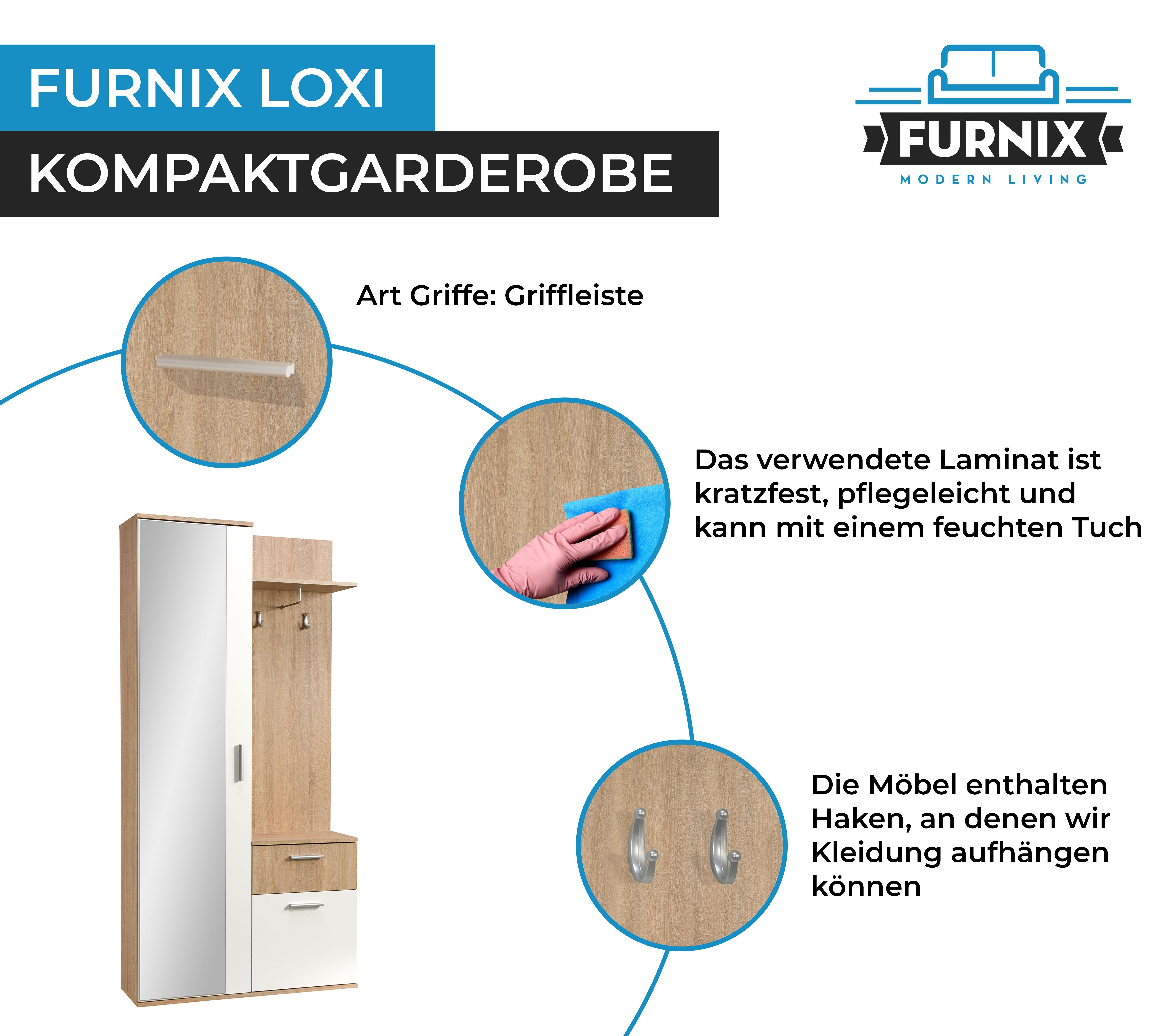 Kompaktgarderobe Schrank, Schublade, Spiegel, Hutablage Furnix Schuhschrank, Garderobe mit platzsparend Sonoma/Weiß LOXI multifunktional