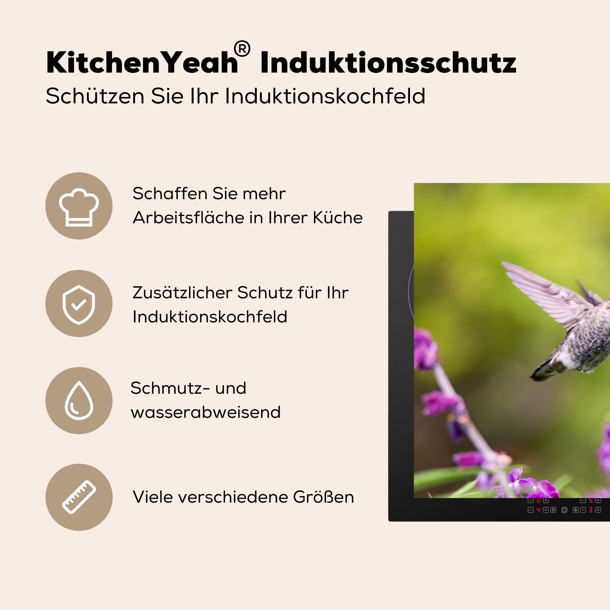 MuchoWow Herdblende-/Abdeckplatte Kolibri - Ceranfeldabdeckung, für Natur, Vinyl, (1 cm, Vogel Arbeitsplatte - 81x52 küche tlg)