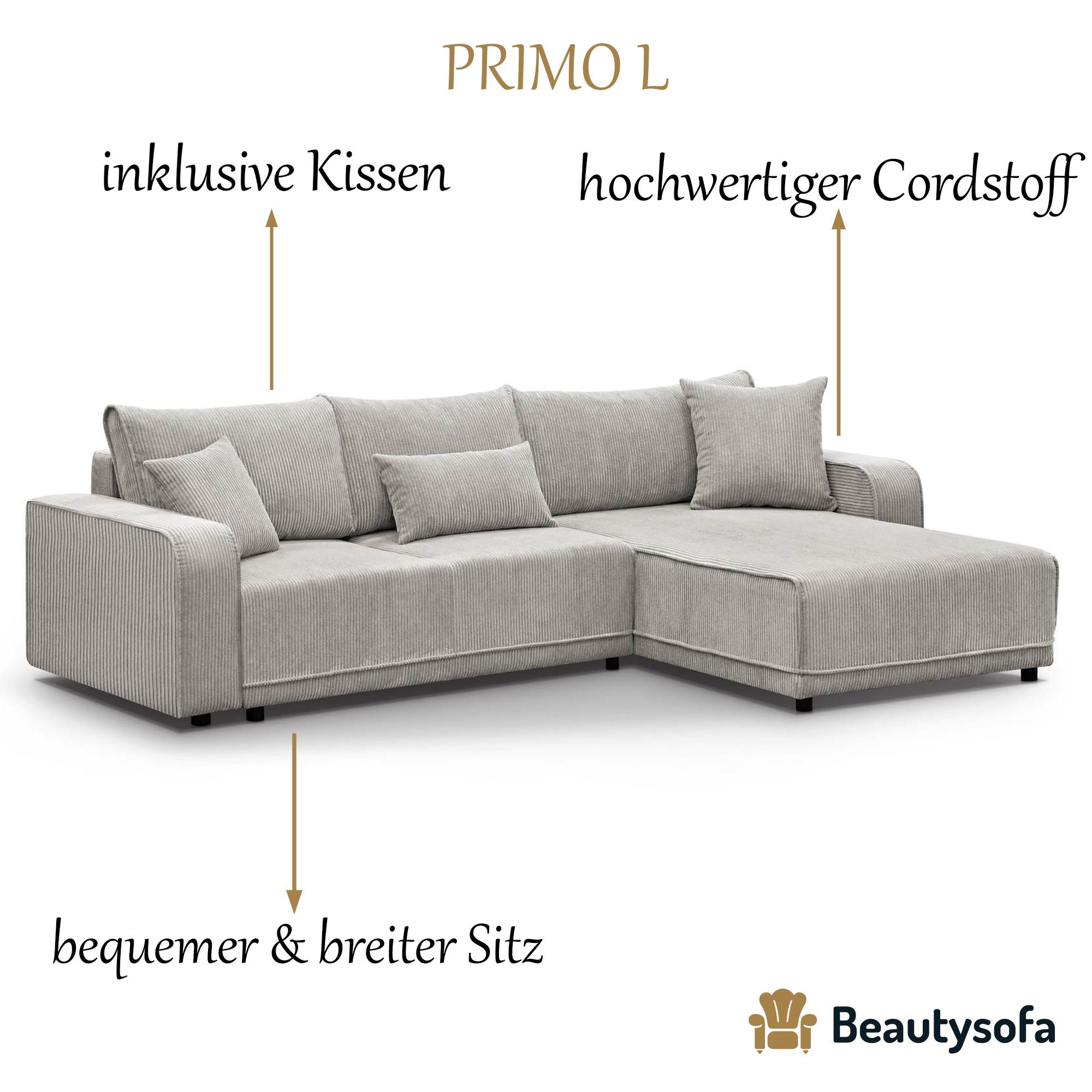 Ecke, in cm mane, Beige mit Bettkasten universelle Beautysofa L-Form, mit 100) (poso Primo, Schlaffunktion, Cordstoff,290 Ecksofa