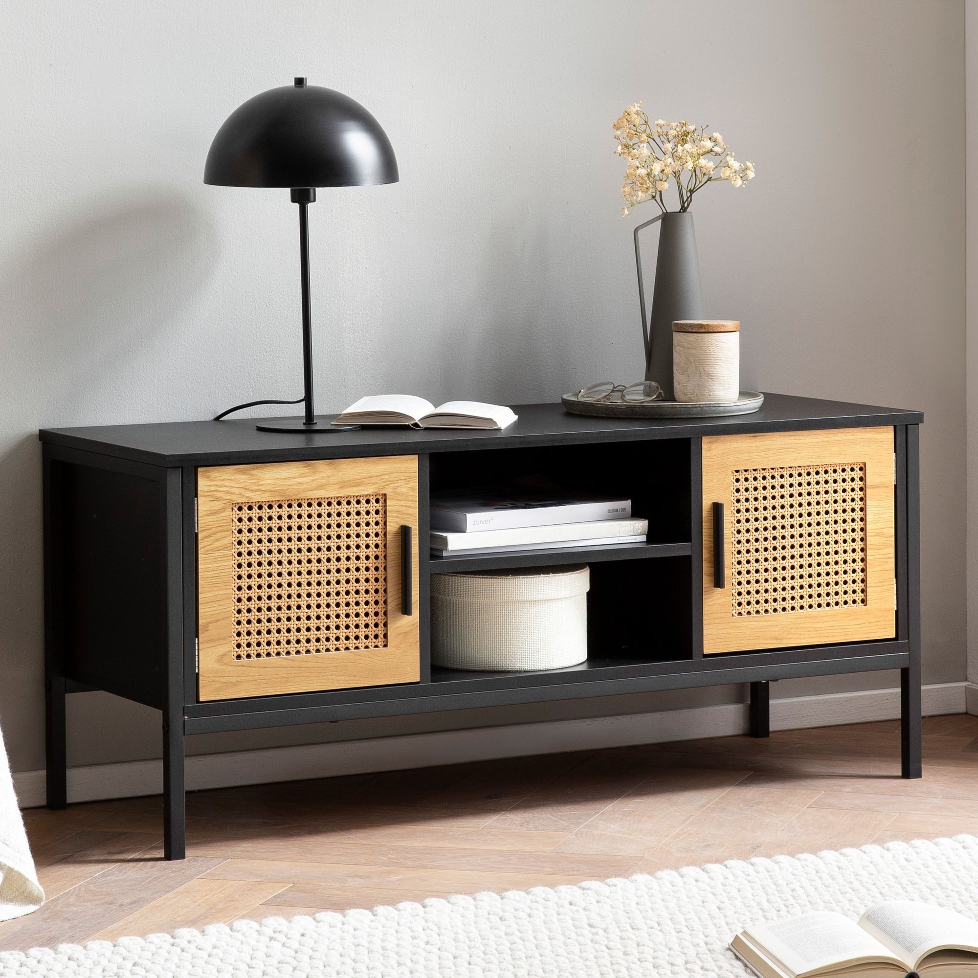 FINEBUY Lowboard FB100070 TV Schrank 110 cm Holz Schwarz Fernsehkommode Wiener Geflecht (Schwarz / Eiche, Wiener Geflecht, 110x48x40 cm), TV-Schrank Modern Fernsehtisch, TV-Kommode Hoch