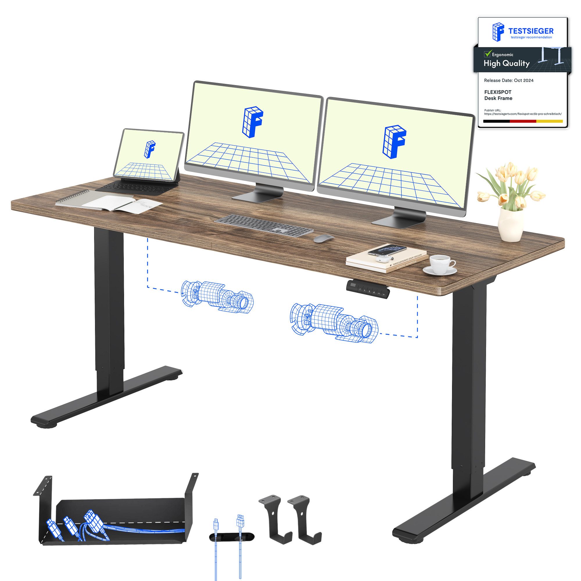 FLEXISPOT Schreibtisch Basic Plus höhenverstellbarer Schreibtisch mit Premium-Zubehör-Set (2 Motore & 2-Fach-Teleskop & 4 Höhenspeichertasten), MIT 25MM einteiliger Tischplatte, 120/140/160/180