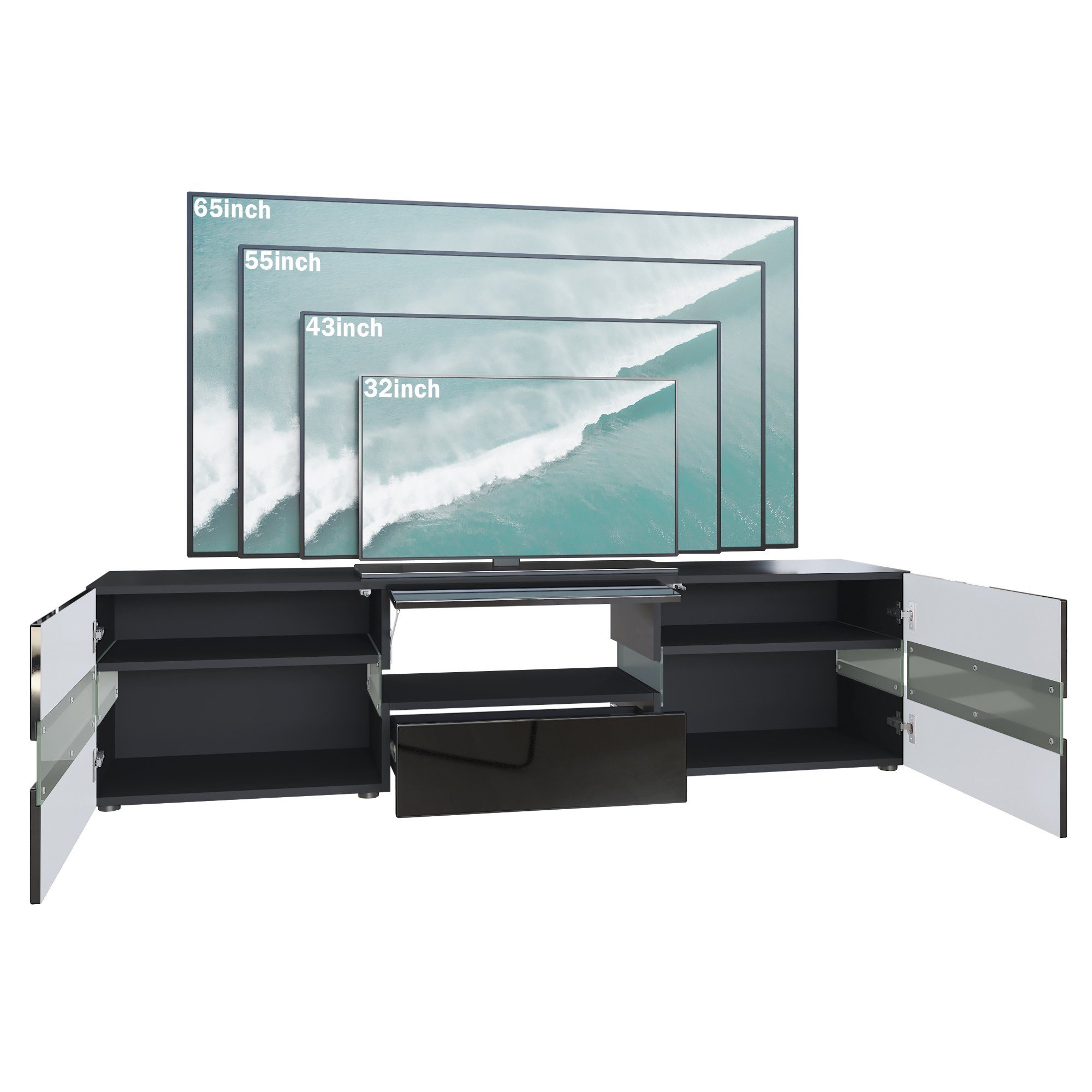 Vladon Lowboard Flow (TV-Kommode mit Ambient Light Verglasung, mit 2 Türen, 1 Schublade und 1 Klappe), Schwarz matt/Schwarz Hochglanz, inkl. LED-Beleuchtung (177x45x39 cm)