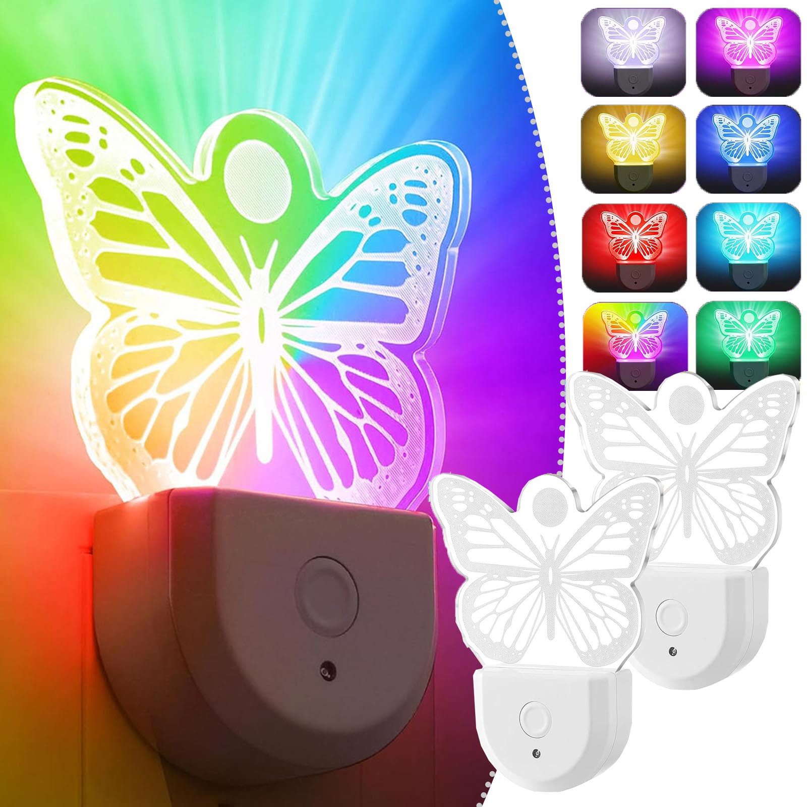 MUPOO Steckdosenleuchte Dynamisches RGB Regenbogen, Dinosaurier, Schmetterling Nachtlicht, Schmetterling, LED fest integriert, Nachtlicht mit Dämmerungssensor, Badezimmer-/Kinderzimmer-Deko