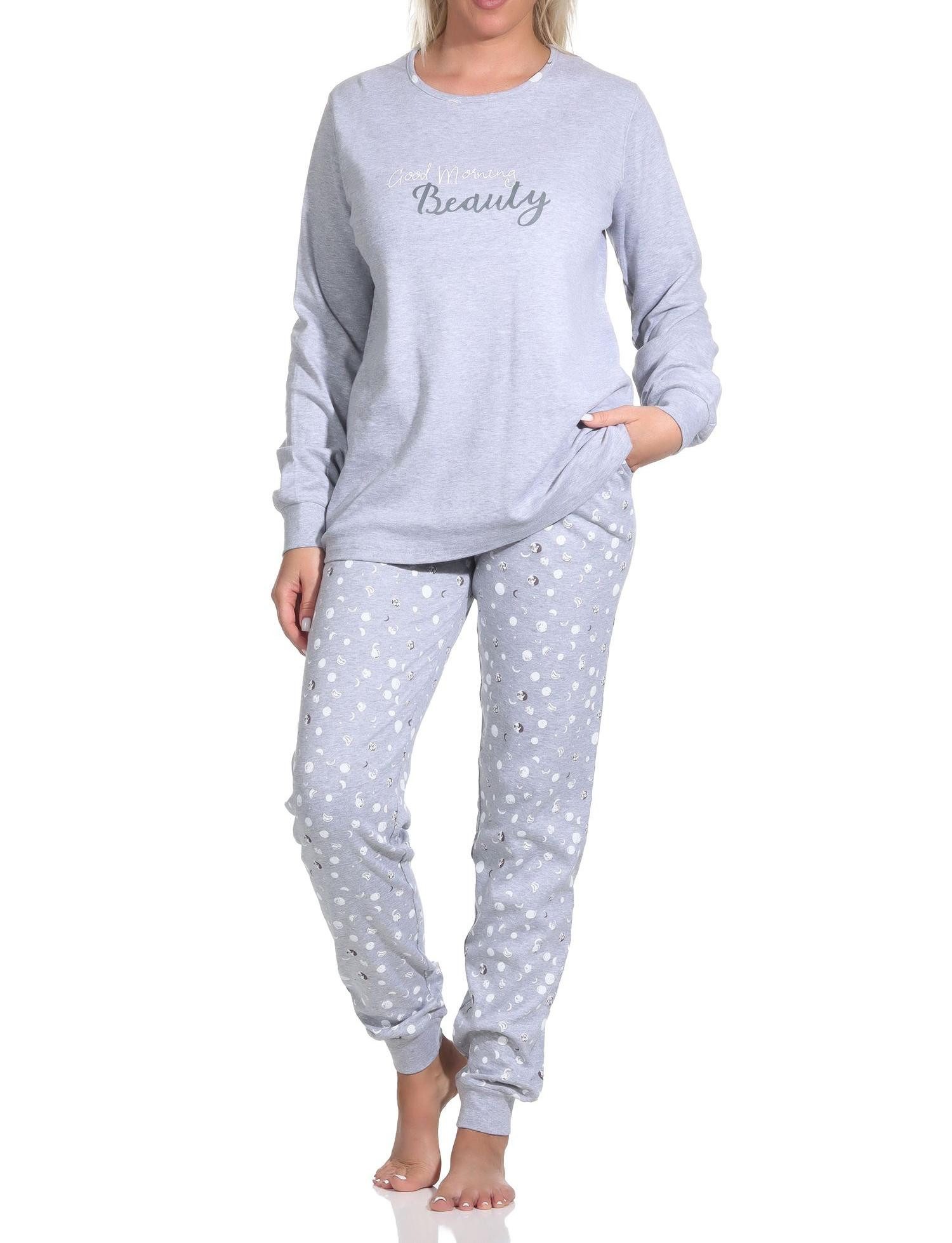 Pyjama Damen Schlafanzug lang mit Bündchen in Kuschel Interlock Qualität
