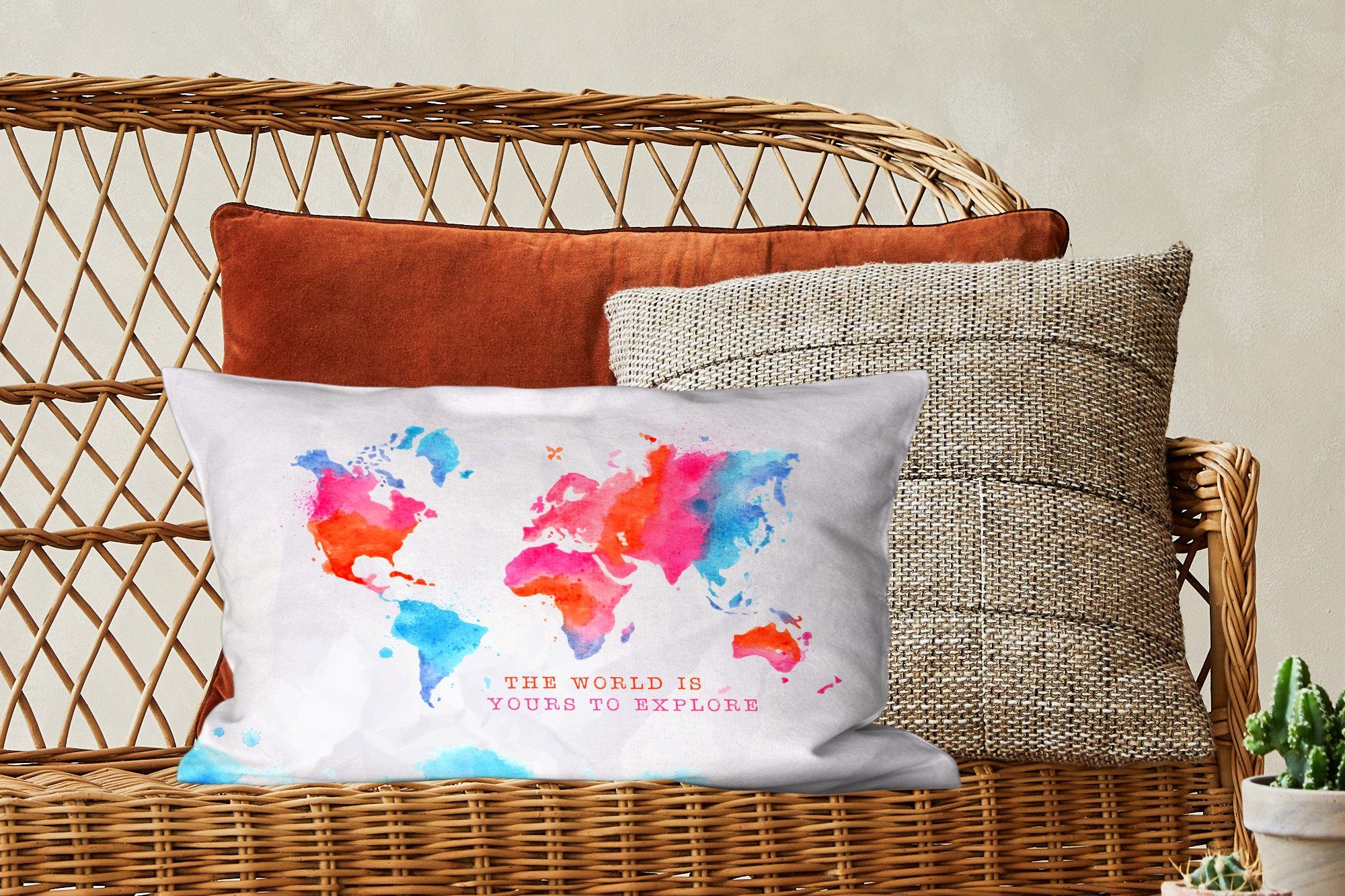 Wohzimmer Karte Welt Dekokissen mit Füllung, - Dekoration, Zierkissen, Sprichwörter, Dekokissen Schlafzimmer - MuchoWow