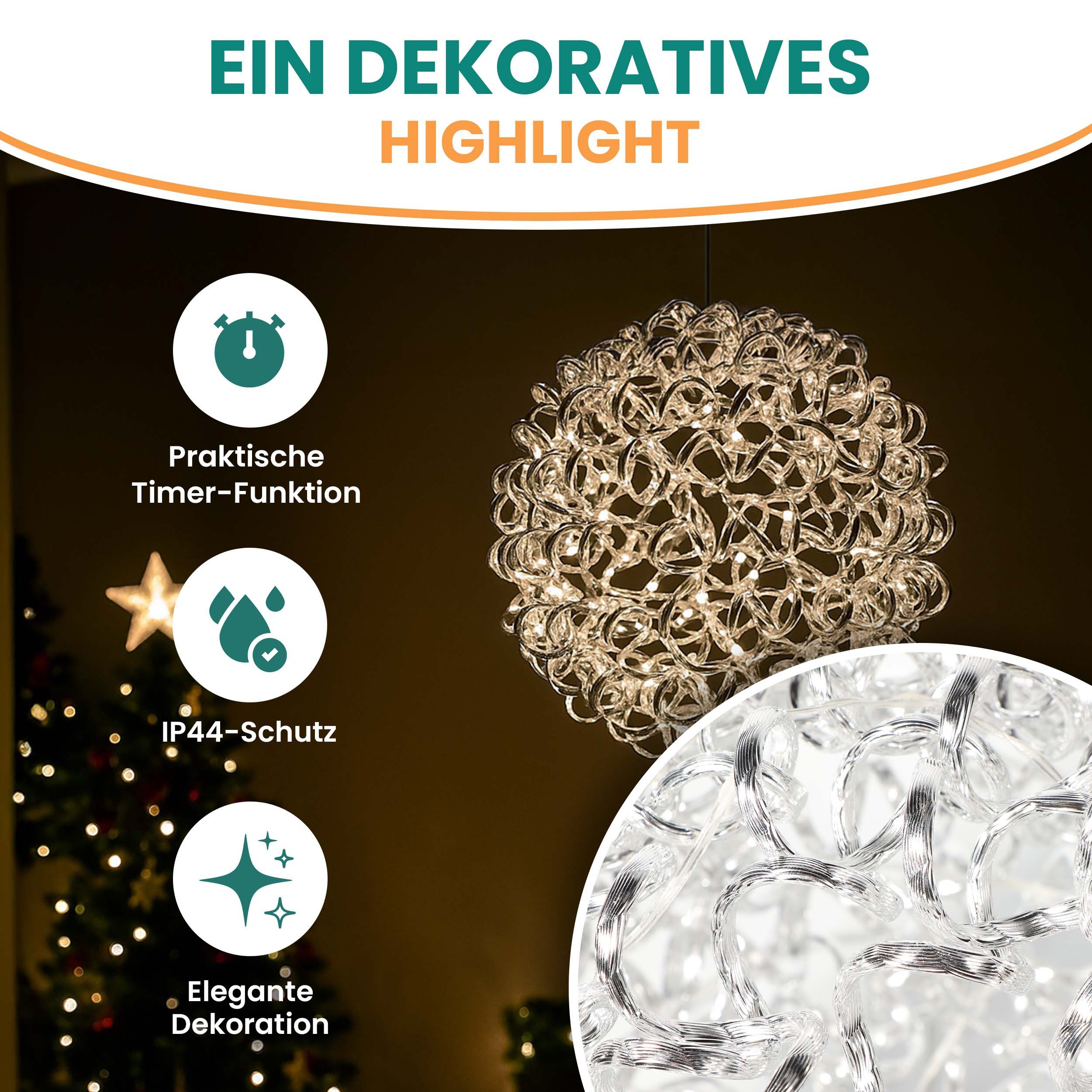 Gartenpirat Dekolicht Kugel o. Stern Silberdraht Alu, LED´s warmweiß, Timer, Weihnachtsdeko, Ideal zum kombinieren für Weihnachten