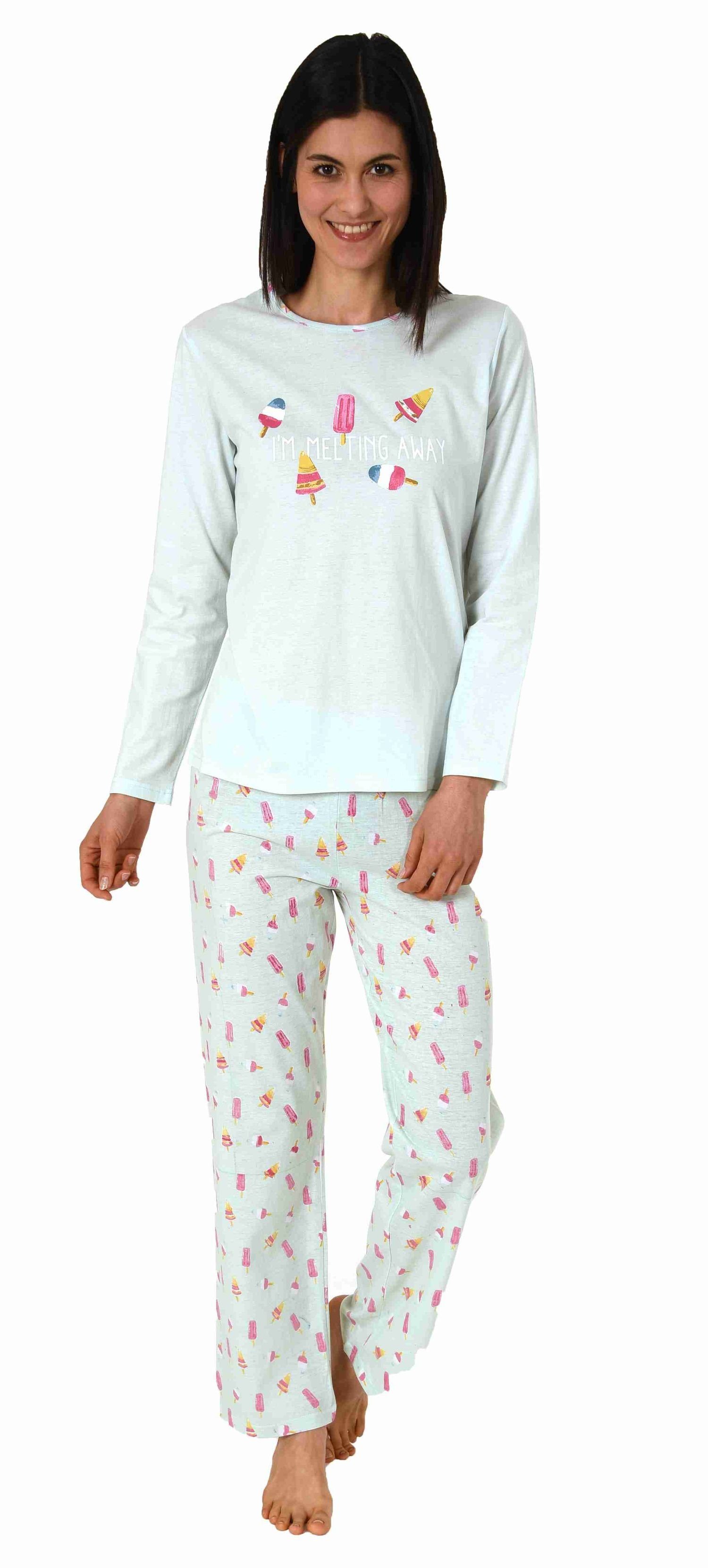 Normann Pyjama Damen Schlafanzug lang mit süssen Motiv, Pyjamahose allover bedruckt