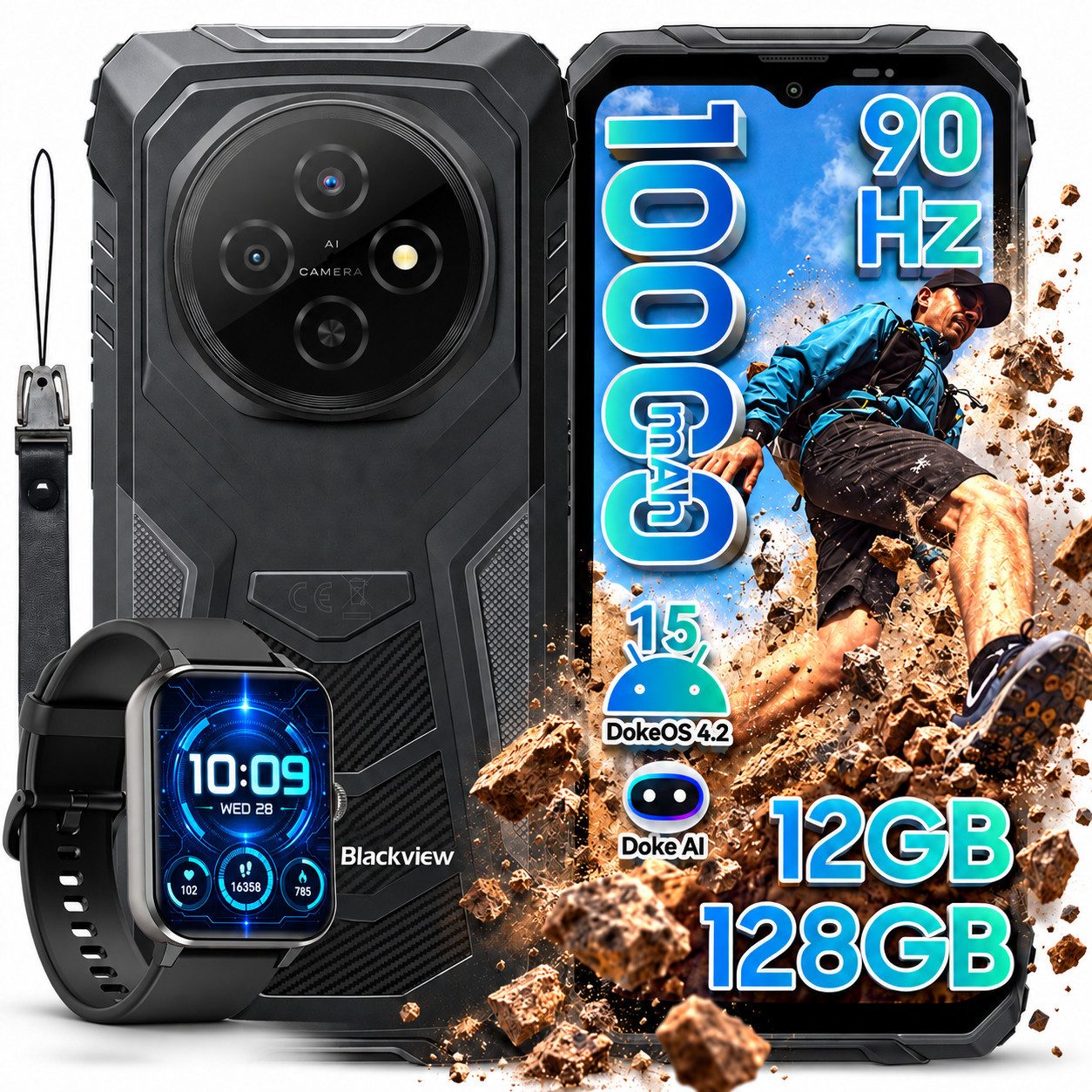 blackview FORT Android 15, 10000mAh, AI Inkl. R50 Outdoor Smartphone (128 GB Speicherplatz, 10000mAh, 6.56”, 90Hz, fingerprint, NFC)