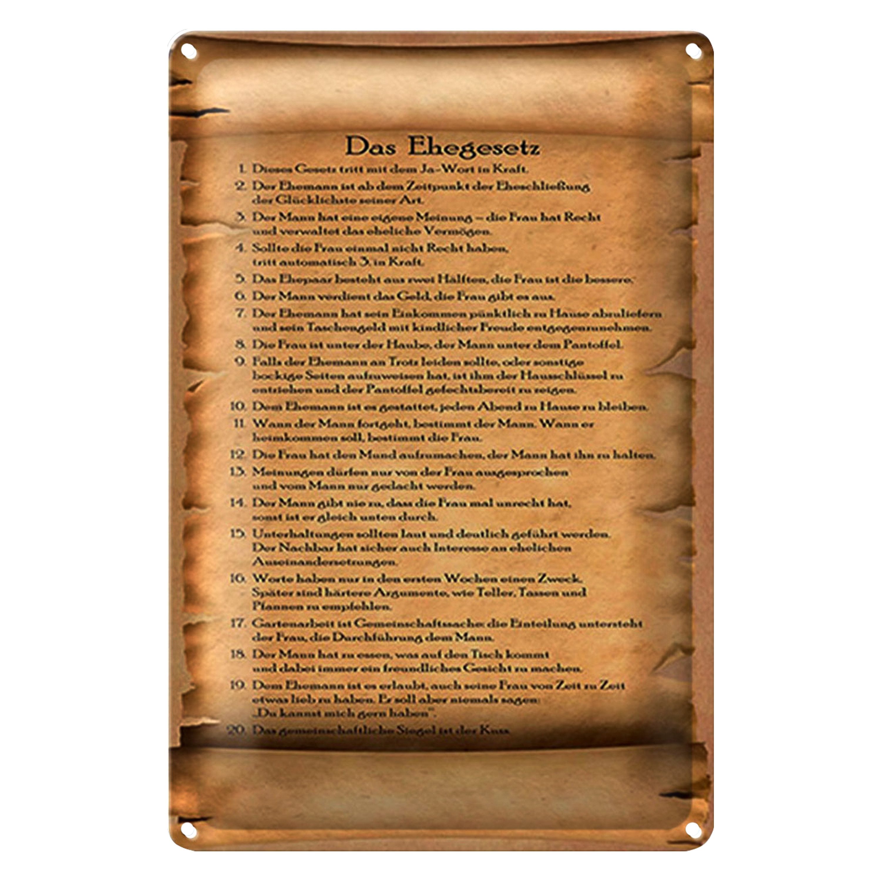 Roomando Metallschild Spruch 30x40cm das Ehegesetz ja Wort in Kraft