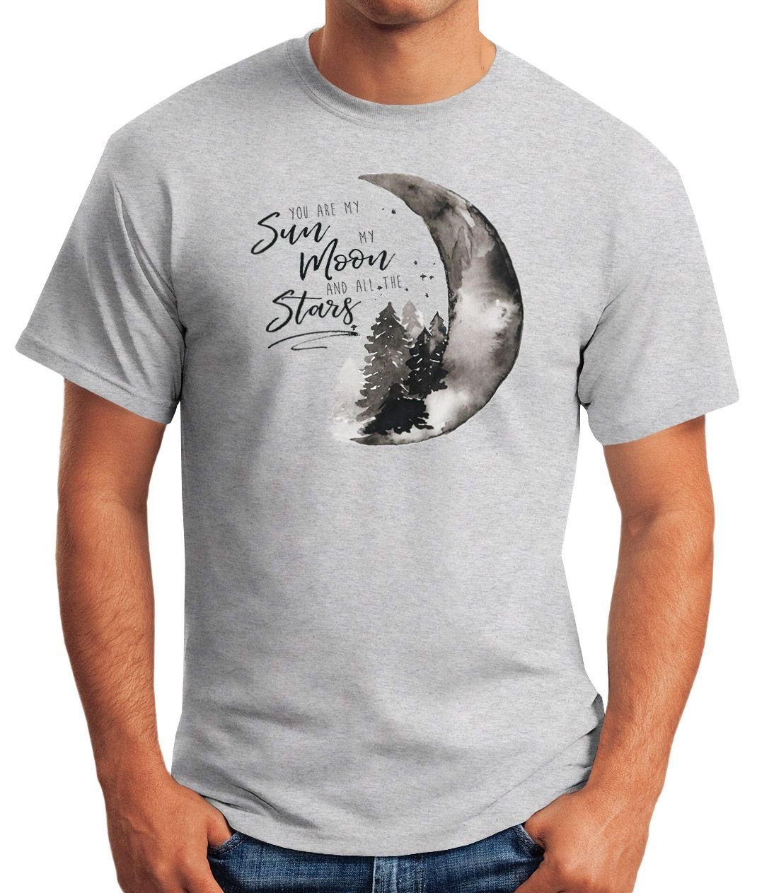 MoonWorks Print-Shirt and Herren moon grau You all Spruch stars Love my Print Liebe mit are T-Shirt sun, the my Quote Moonworks® Geschenk