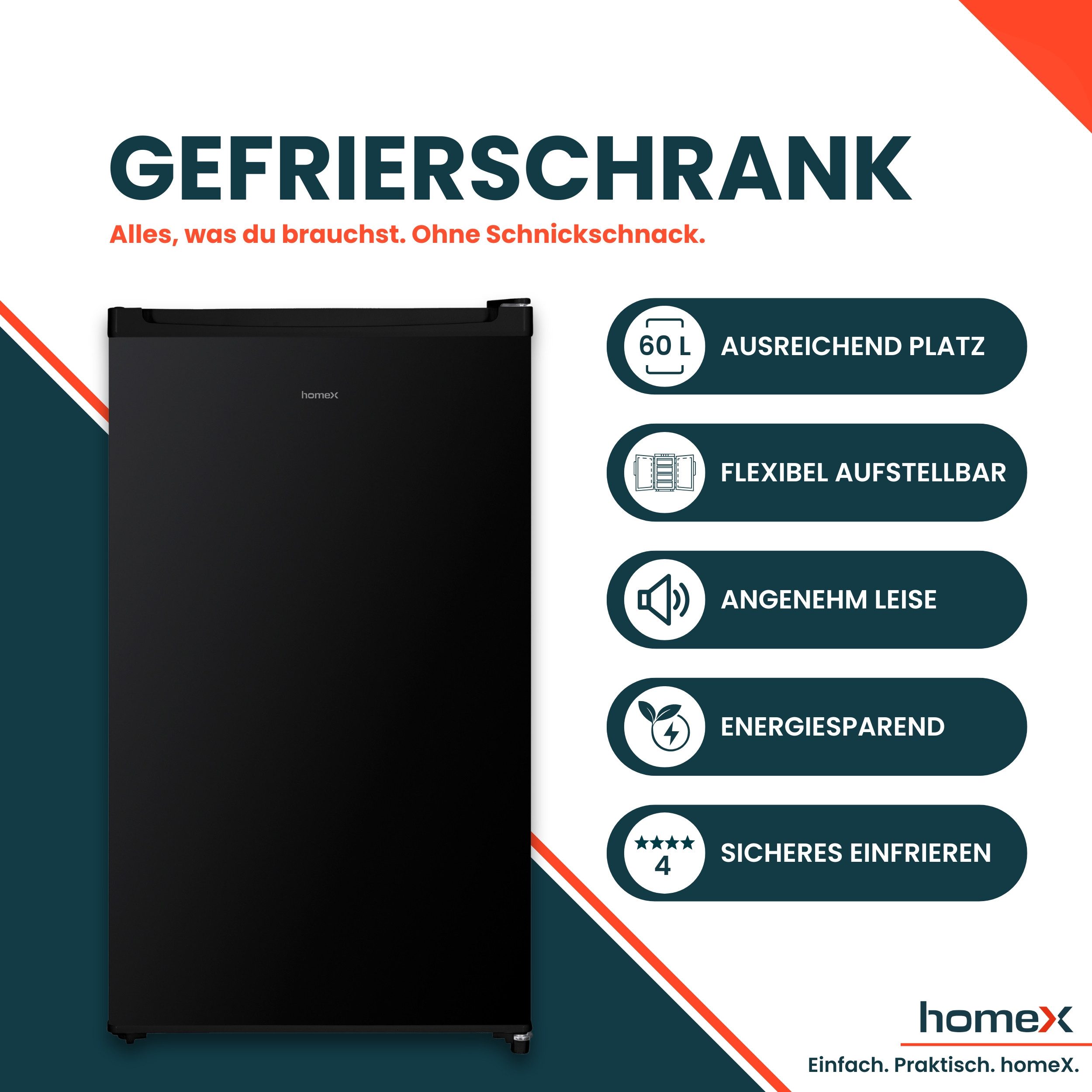 homeX Gefrierschrank FS1016-B, 85 cm hoch, 47.5 cm breit, 60 Liter, Tiefkühlschrank klein, Freezer, 4-Sterne Gefrieren, leise