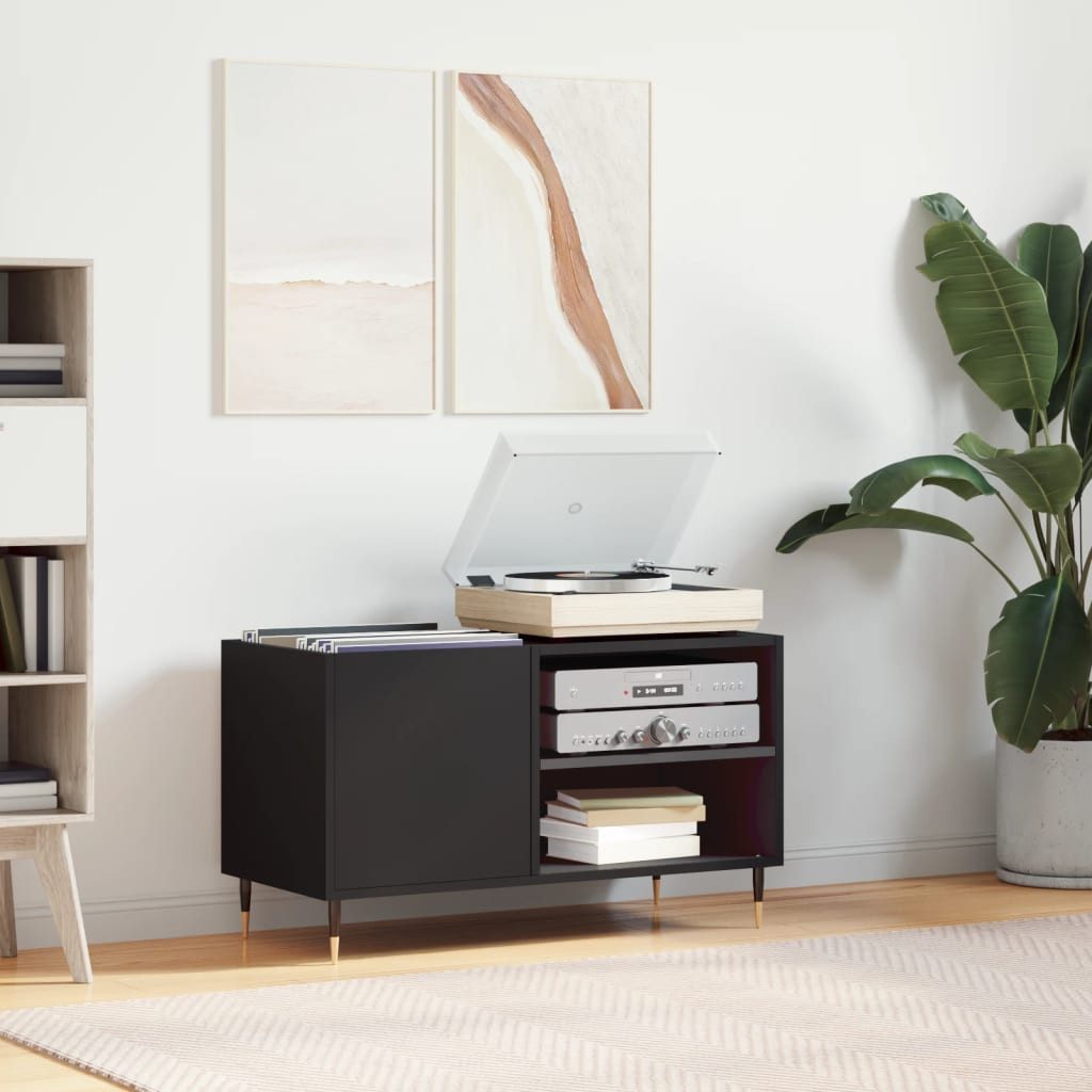 furnicato Media-Regal Plattenschrank 85x38x48 cm Schwarz mit Massivholz und Eisenbeinen, 1-tlg., Stabile LP-Aufbewahrung mit Ablagefläche für den Plattenspieler