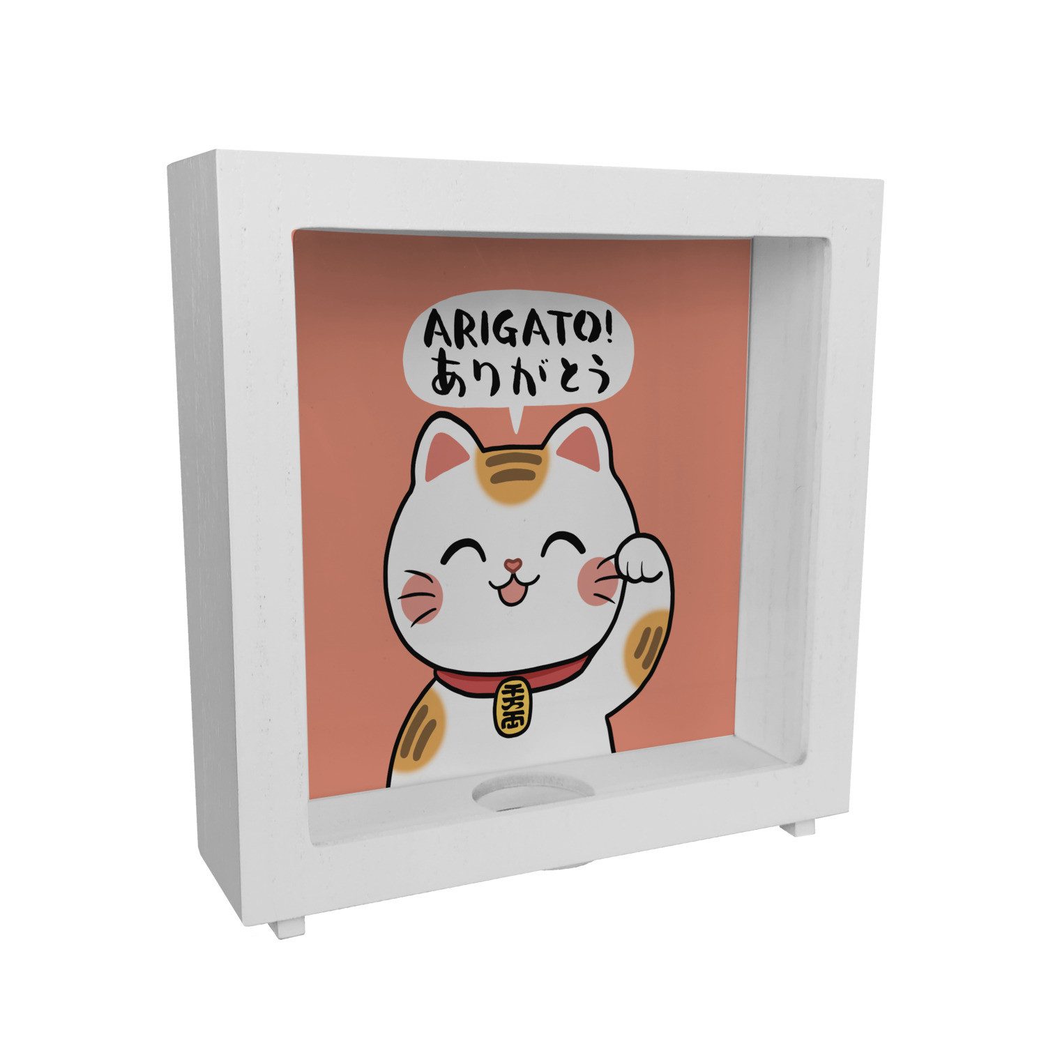 Spardose Winkekatze Rahmen Spardose aus Holz mit Spruch Arigato