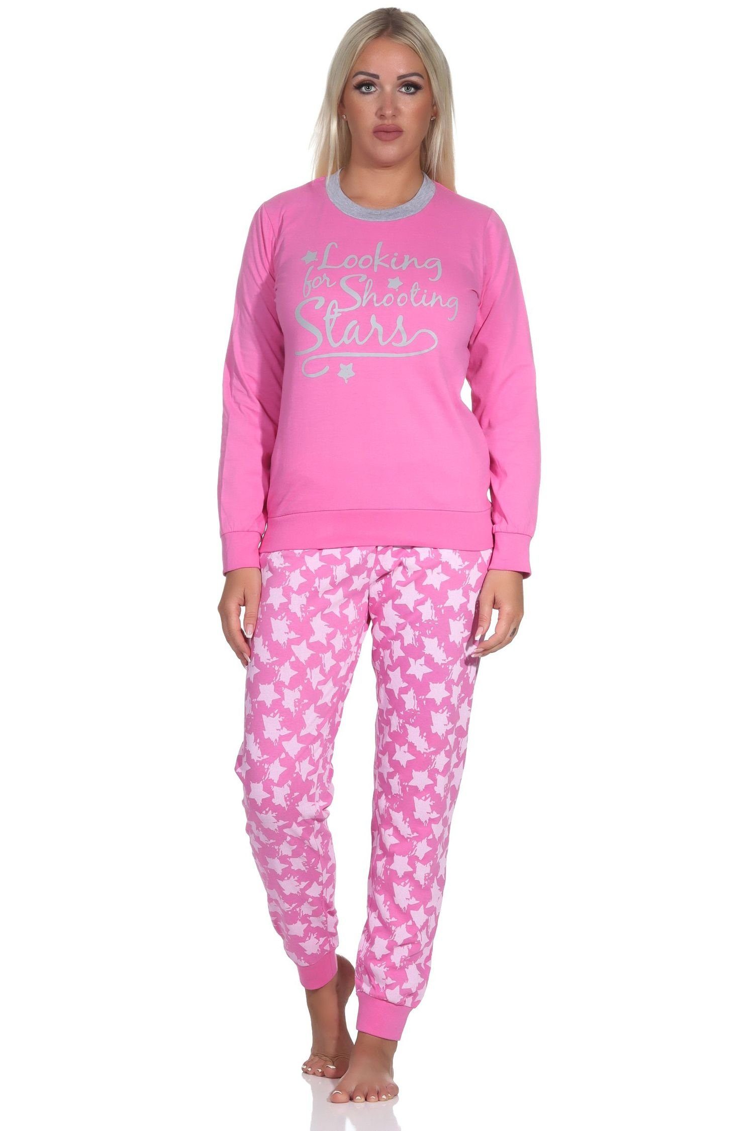 Normann Pyjama Normann Damen Schlafanzug mit Bündchen in wunderschöner Sternenoptik rosa