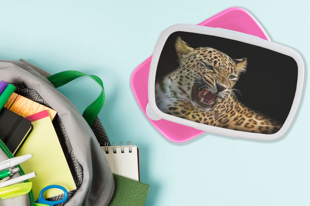 Brotdose Mädchen, - Tiere Snackbox, Kunststoff Schwarz, Kinder, Lunchbox für Leopard rosa Brotbox MuchoWow Erwachsene, Kunststoff, - (2-tlg),