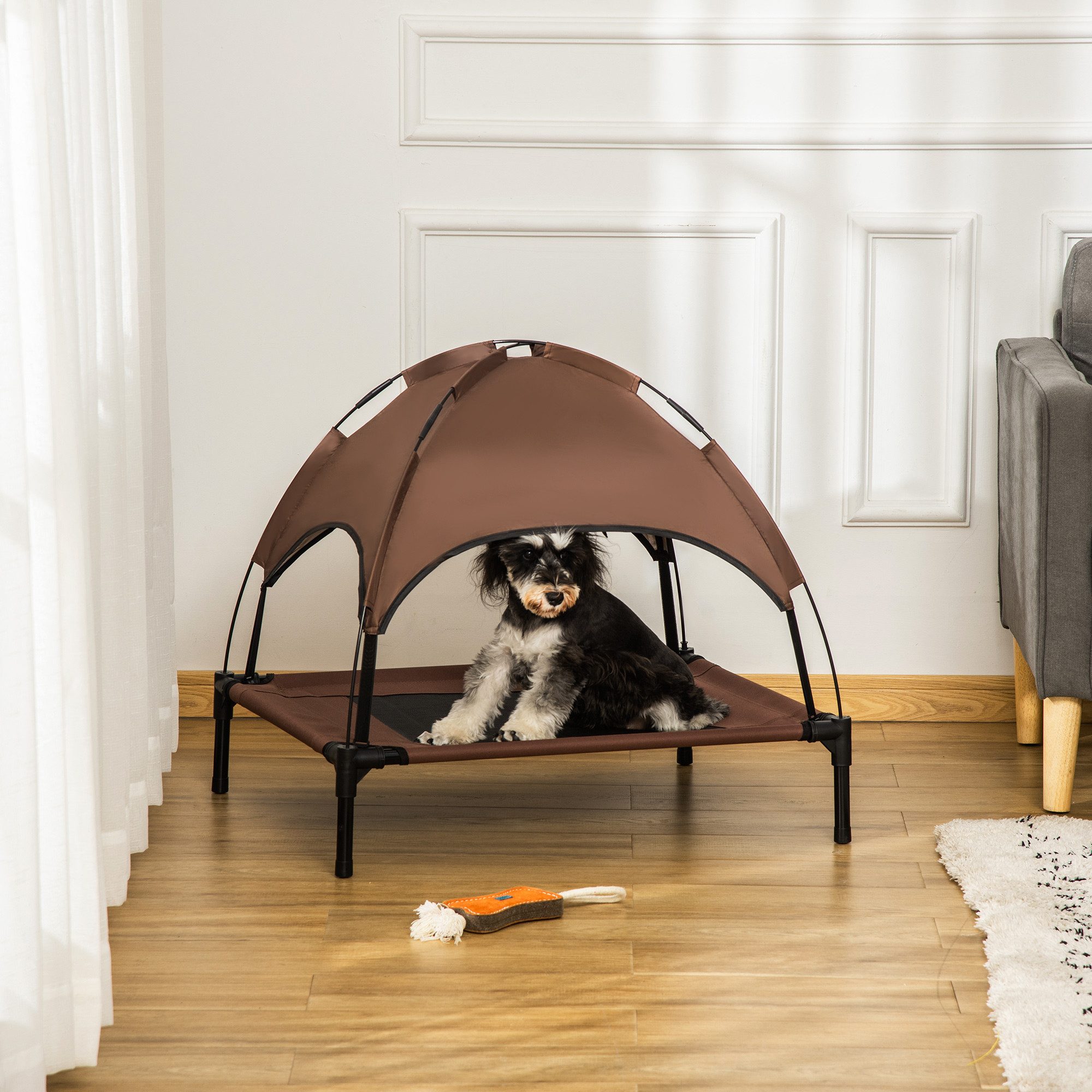 Thumbnail - PawHut Tierbett Hundeliege mit Baldachin, Netzstoff, für Garten, Balkon, Kaffee