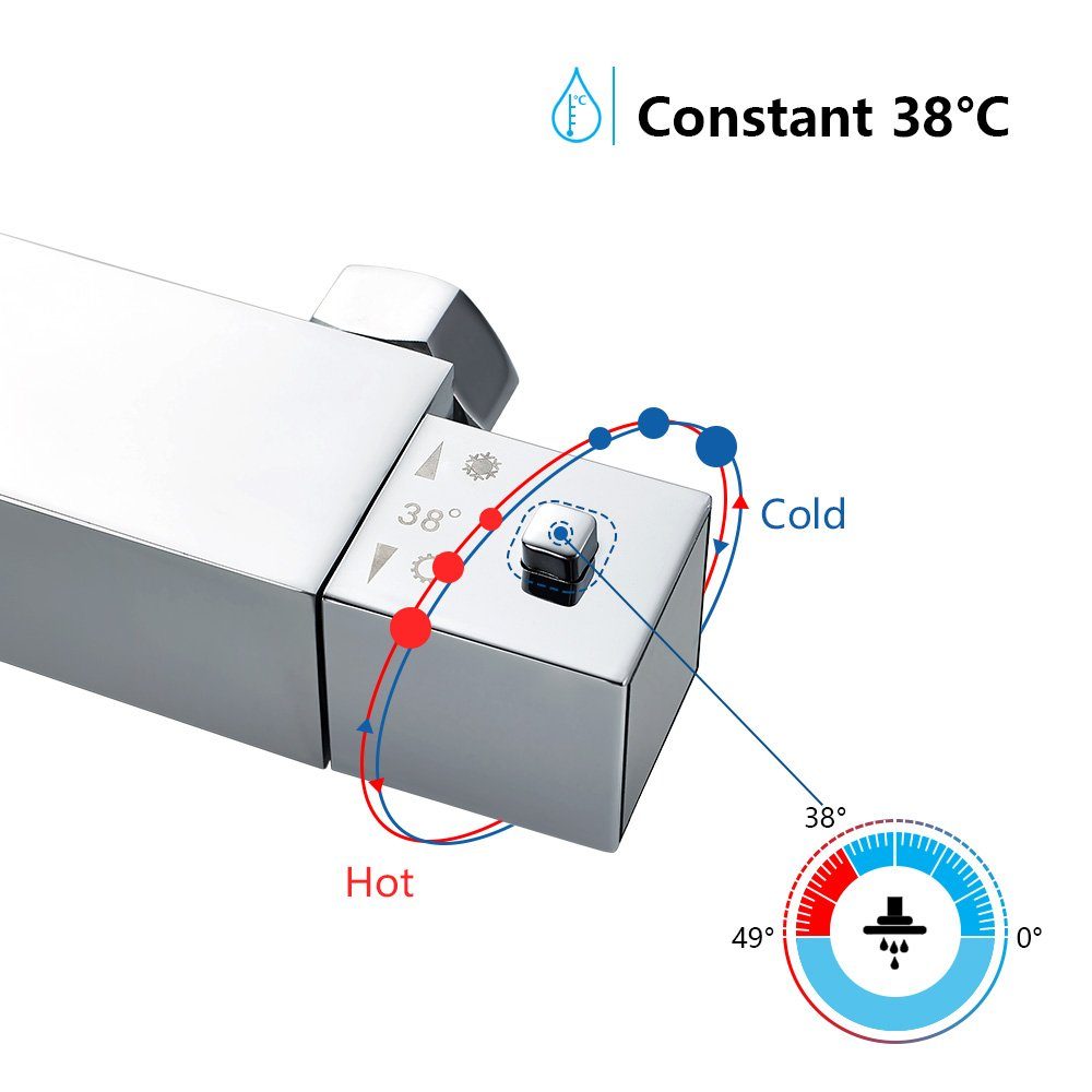 Duschsystem Höhe mit Duschamaturenset 129.5 Chrom Edelstahl Duschsystem Duscharmatur Thermostat, Auralum cm