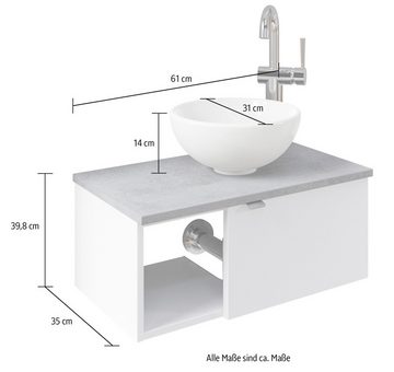 Saphir Waschtisch Serie 6915 Waschschale mit Unterschrank für Gästebad, Gäste WC (3-St., Keramik-Aufsatzbecken, Waschtischplatte, Waschtischunterschrank), 61 cm mit Keramik-Aufsatzbecken, 1 Tür und 1 Fach
