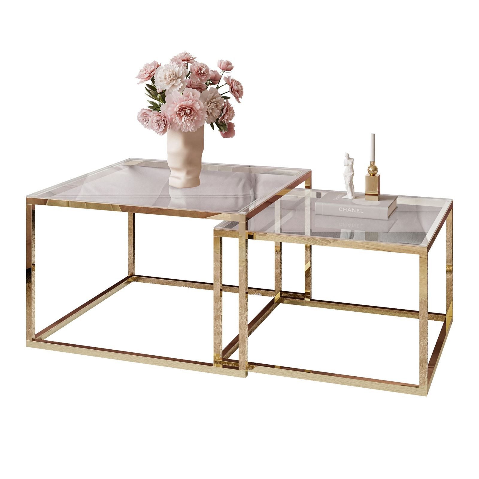 ALLHOUSE24 Couchtisch 2 in 1 MAYA GLAS goldverchromte Metallgestell Sofatis günstig online kaufen