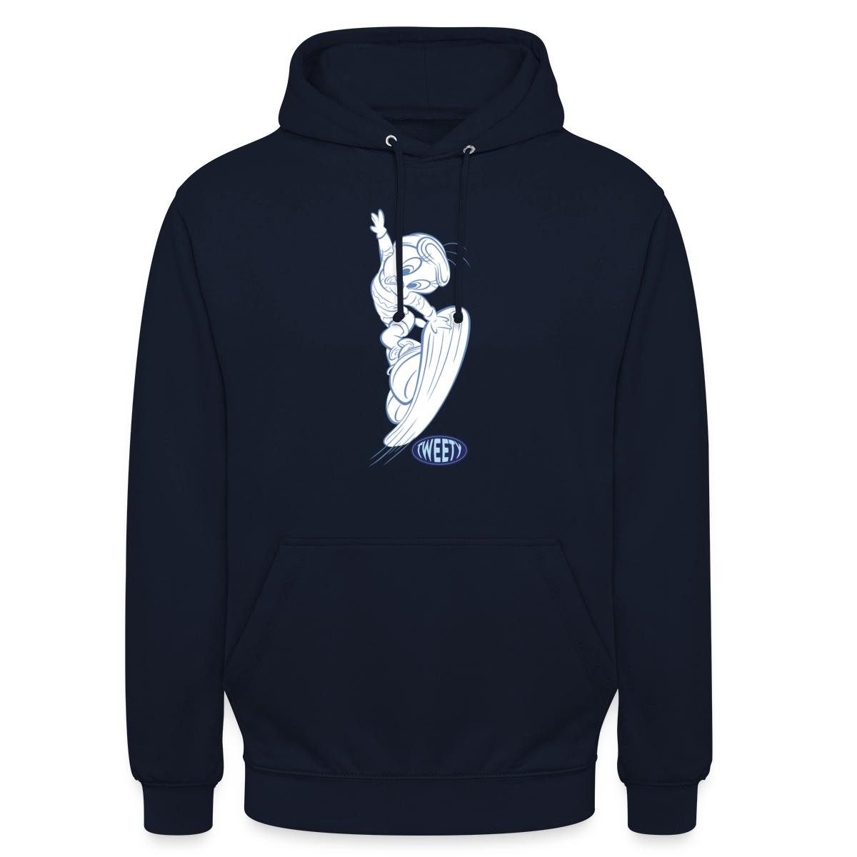 Spreadshirt Hoodie Looney Tunes Tweety Mit Snowboard Unisex Hoodie (1-tlg) Unisex-Schnitt: Sitzt bei Männern körpernah, bei Frauen weit