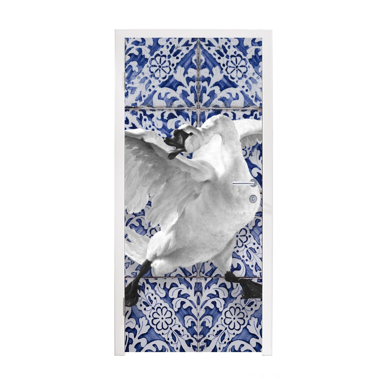 MuchoWow Türtapete Schwan - Kunst - Delfter Blau - Malerei - Alte Meister, Matt, bedruckt, (1 St), Fototapete für Tür, Türaufkleber, 75x205 cm