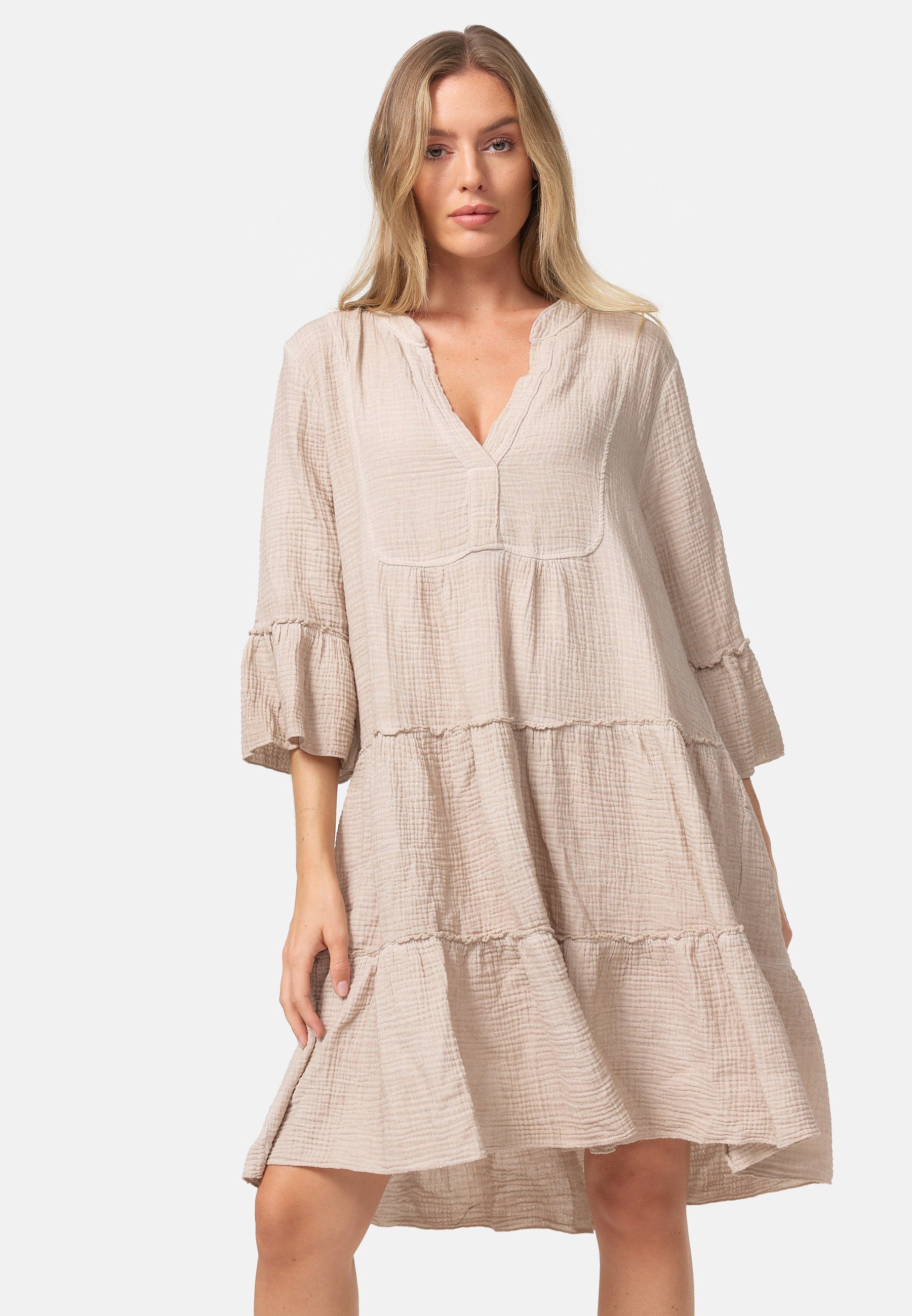 Rayshyne Sommerkleid PM39 (Leichtes Sommer Minikleid aus Musselin mit Rüschen) Musselin, Baumwolle, Rüschen, 3/4 Ärmel, Oversize