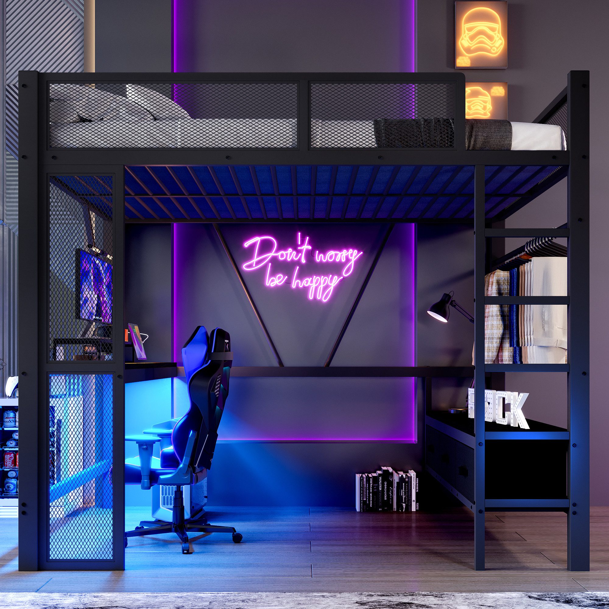 Merax Hochbett 140x200cm mit LED-Beleuchtung und USB (1-St., Etagenbett Jugendbett Einzelbett) Metallbett mit Schreibtisch, offenem Kleiderschrank und 3 Schubla – Bild 3 von 5