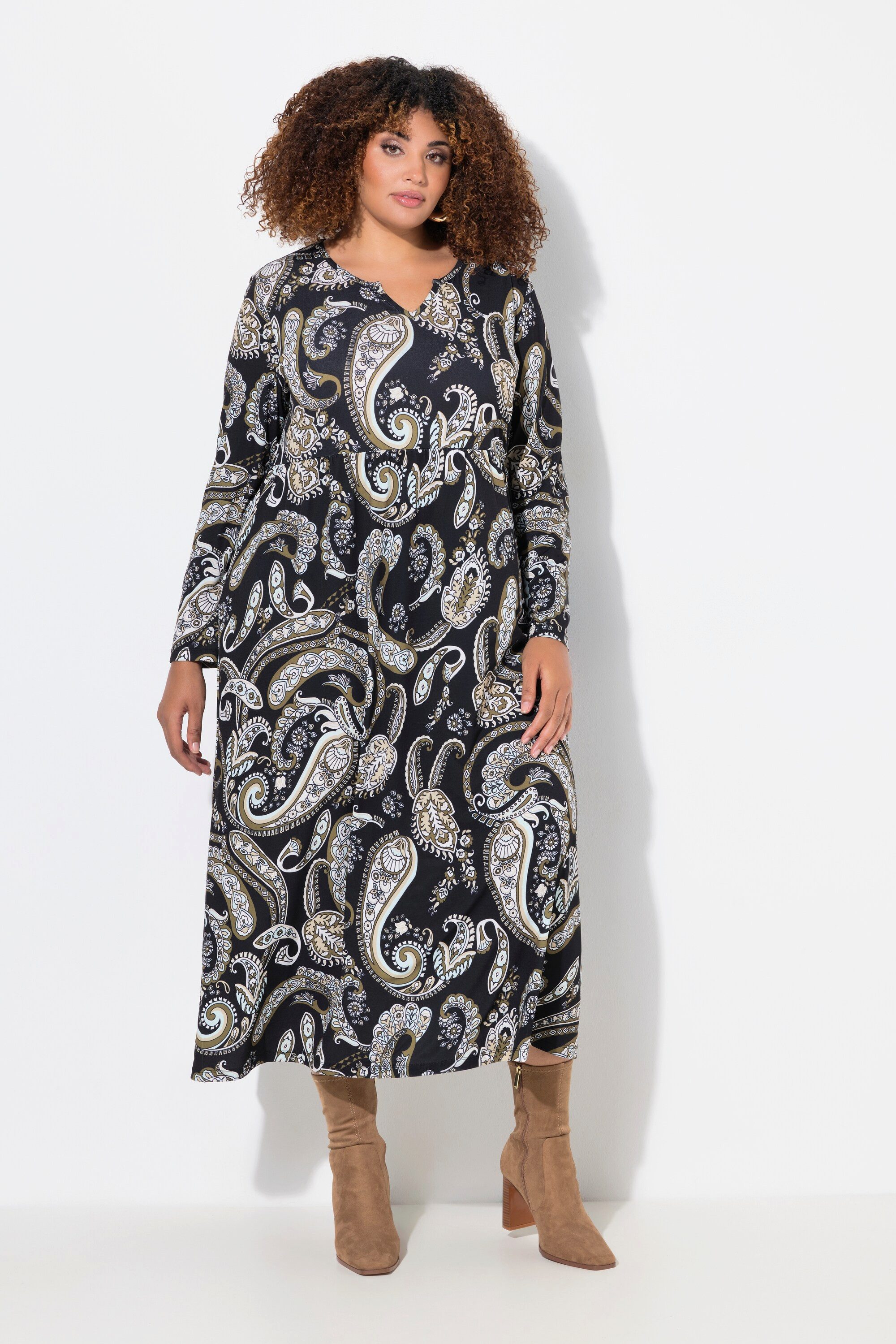 Ulla Popken Maxikleid Jerseykleid A-Linie Tunika-Ausschnitt Langarm