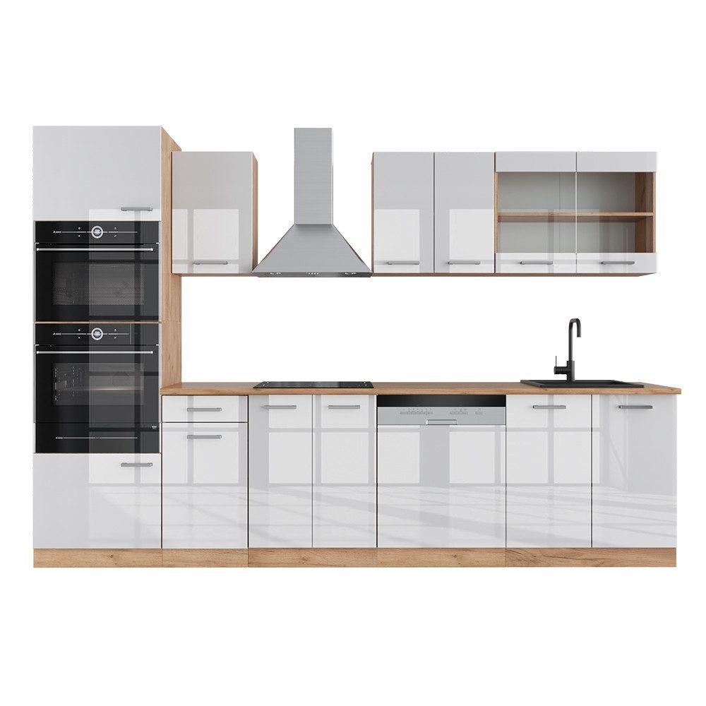 Vicco Küchenzeile R-Line, Weiß Hochglanz/Goldkraft Eiche, 300 cm mit Hochschrank, AP...