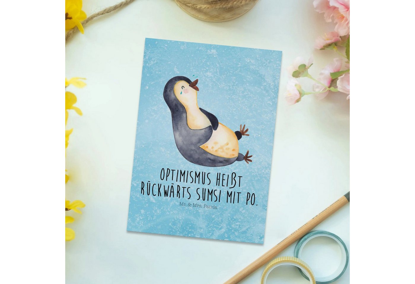 Thumbnail - Mr. & Mrs. Panda Postkarte Pinguin Lachen - Eisblau - Geschenk, Freude, Ansichtskarten, Geburtst, Charmante Designs