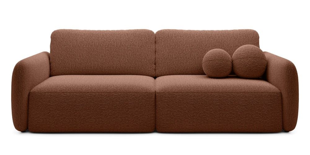 Goldstoff Schlafsofa Boo mit Bouclé-Stoff, Dekorative runde Kissen, ausziehbare Liegefläche