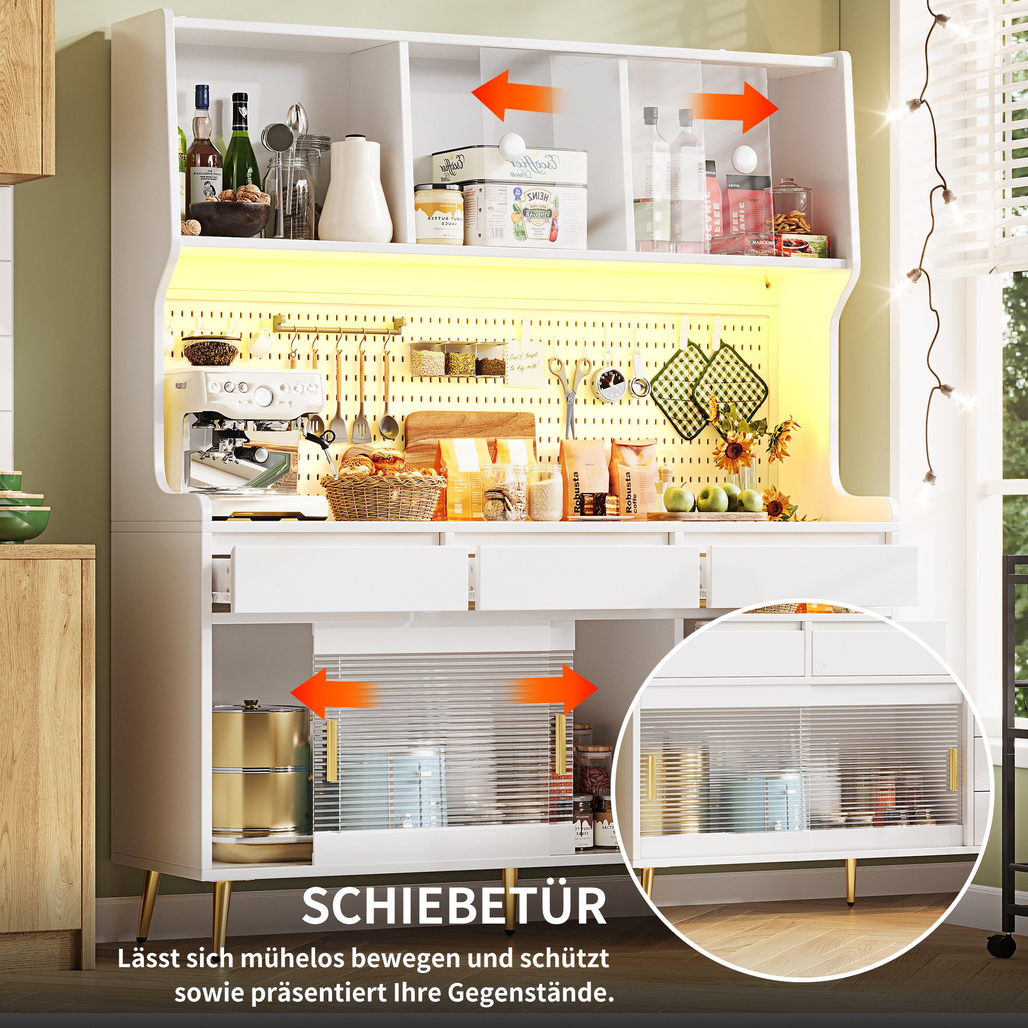 Celya Hochschrank mit App-Steuerung-LED Beleuchtung und Lochwand (145x39x171cm, mit 6 Schublade und Sideboard) für Wohnzimmer, Esszimmer oder Flur