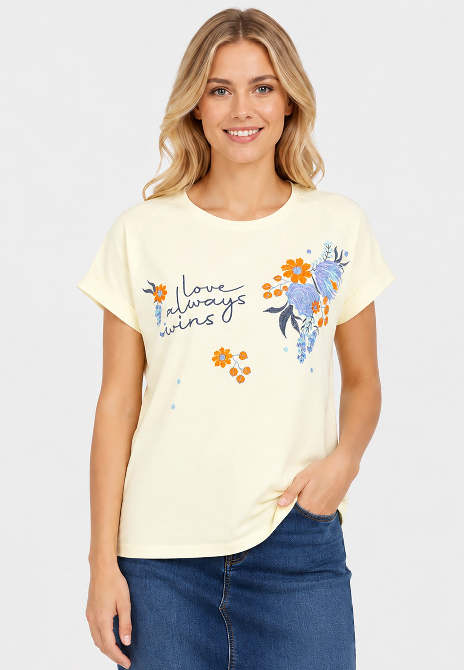 Eight2Nine T-Shirt Blumenstickerei Rundhals Kurzarm Gekrempelter Ärmelsaum für Damen (1-tlg) D12022M02843A_T-shirts