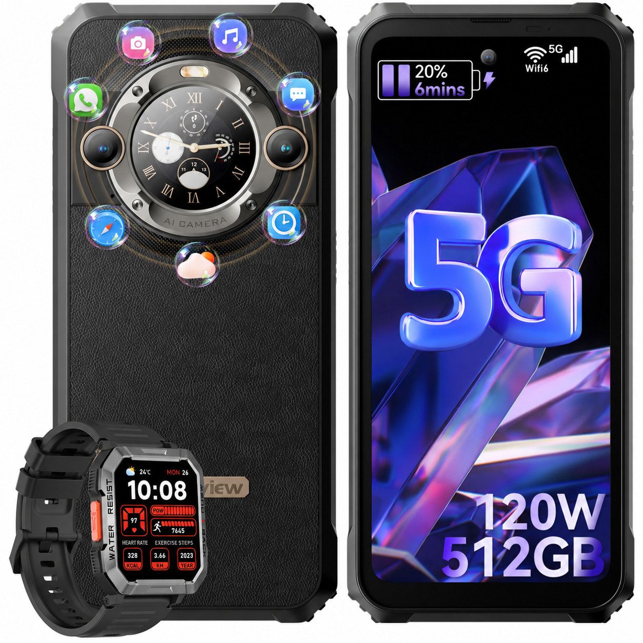 blackview BL9000 2.4K Display 5G outdoor handy incl.W60 AI Smartphone (6,78 Zoll, 50 MP Kamera, 2.4k, MediaTek Dimensity 8020, 120W, Doppeldisplay, Ohne Vertrag)