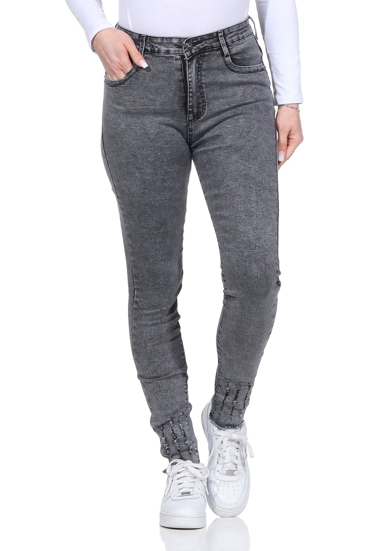 Aurela Damenmode 5-Pocket-Jeans Jeanshosen Look Destroyed Distressed Stretch moderner Jeans Damen für Grau Look