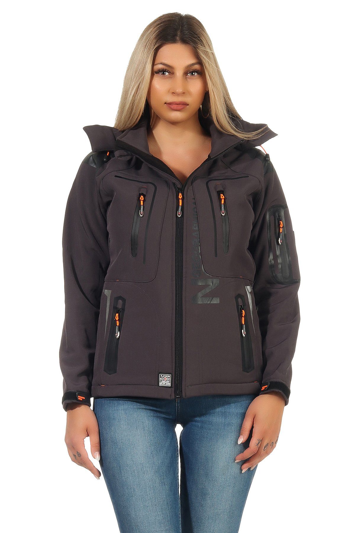 Geographical Norway Softshelljacke Geographical Norway Damen Softshelljacke G-Tansy by leyoley mit abnehmbarer Kapuze, Wetterschutz, hochschließender Kragen, Reflektierende Applikationen Grau / Orange