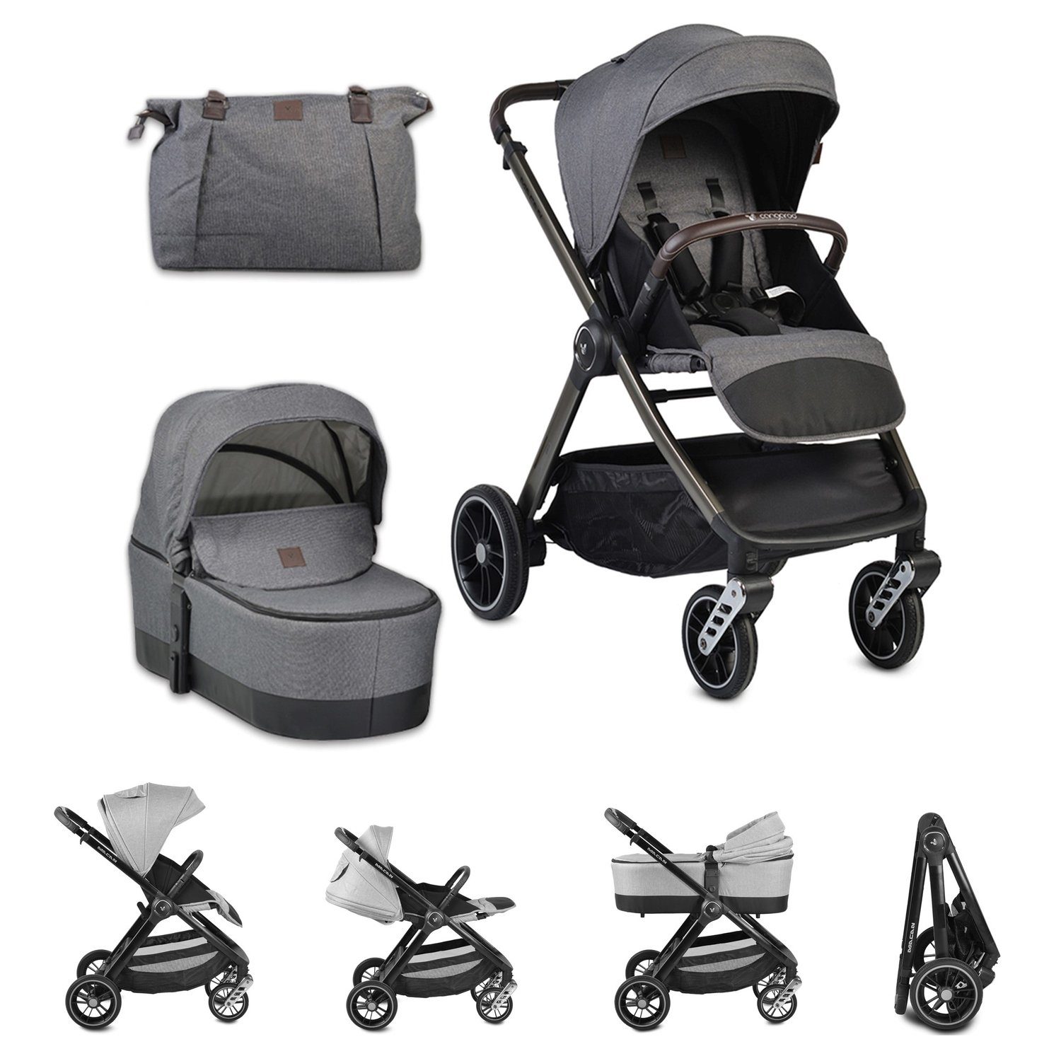Cangaroo Kombi-Kinderwagen Kombikinderwagen Macan 2 in 1, Babywanne Sportsitz Tasche PU-Räder Gurt
