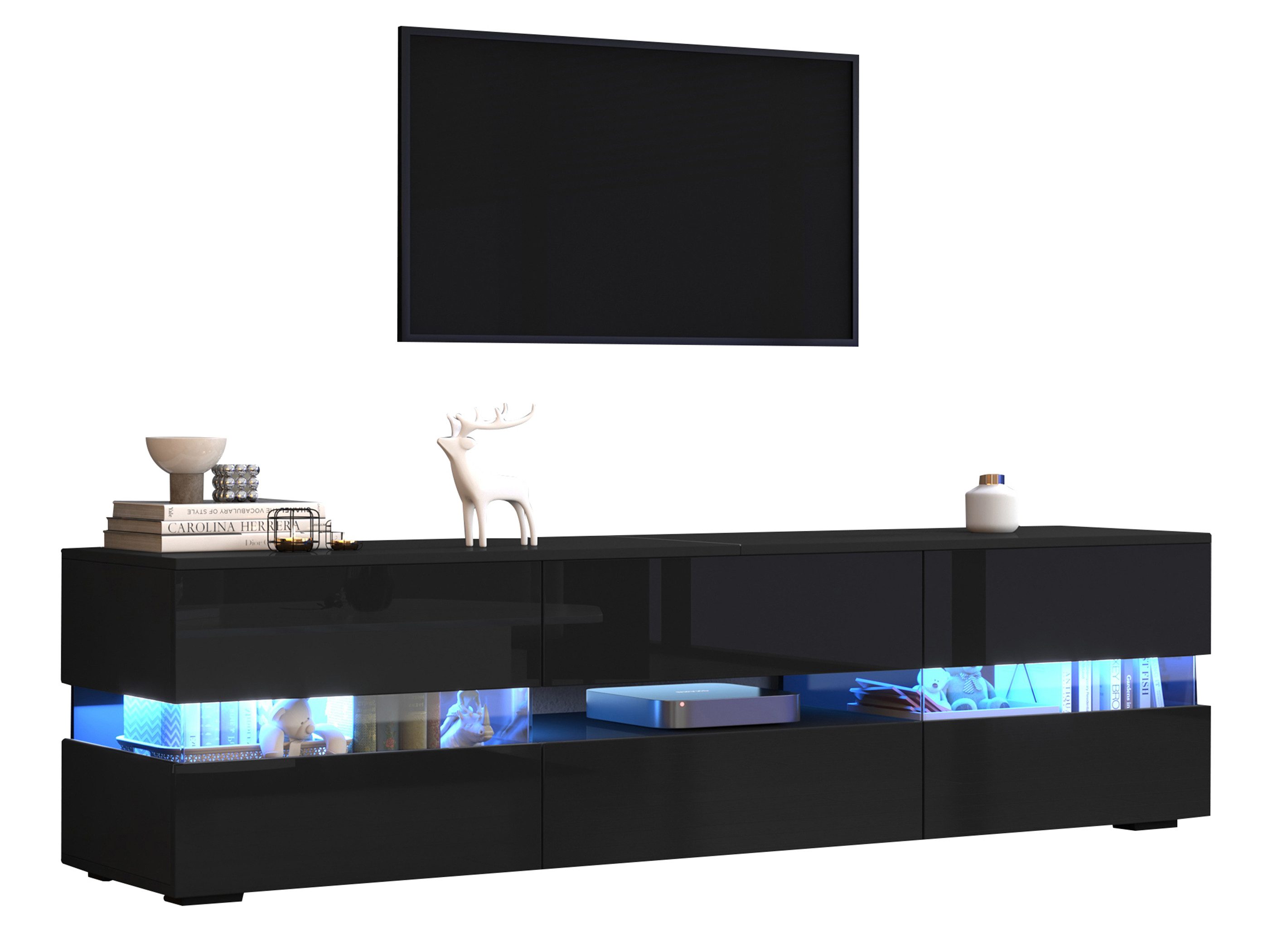 SeedWave Lowboard LED Fernsehschrank mit Hochglänzenden Fronten, Staufächern, Schublade, TV Schrank inkl. Kabeldurchführung, zum Öffnen drucken