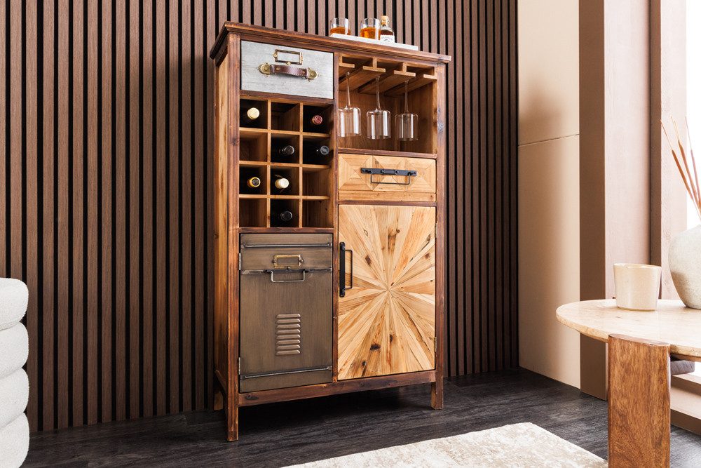 riess-ambiente Barschrank ATELIER 120cm natur - Pinienholz, Metall-Vintage-Bar, Gläseraufhängung (Einzelartikel, 1-St) Authentischer Weinregal - ideal für Küche, Esszimmer oder Loft-Wohnung