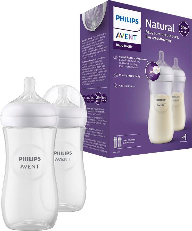 Philips AVENT Babyflasche Natural Response SCY906/02, 2 Stück, 330ml, ab  dem 3. Monat, Entwickelt mit Anti-colic-Ventil zur Verminderung von Koliken  und Unwohlsein