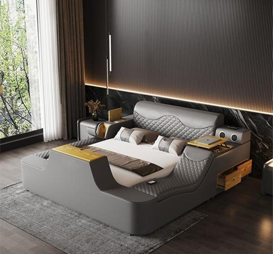 JVmoebel Multimediabett Doppel Luxus Bett Massage Polster Betten Moderne Hotel bluetooth (1-tlg., 1x Bett ohne Nachttische), Made in Europa Grau