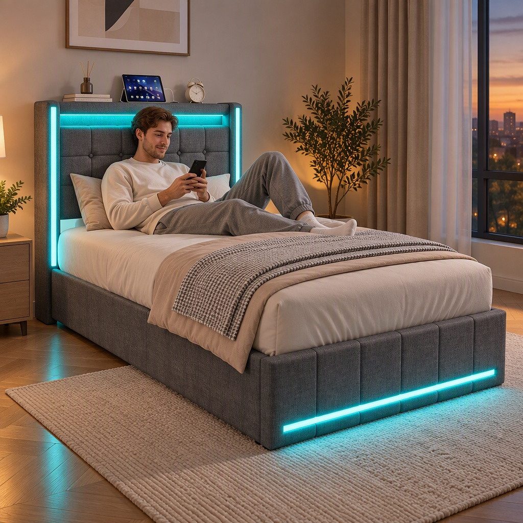 PXloue Polsterbett LED Doppelbett, Einzelbett, Bettkasten, Ladefunktion, Leinen, 90x200 cm – Bild 3 von 5