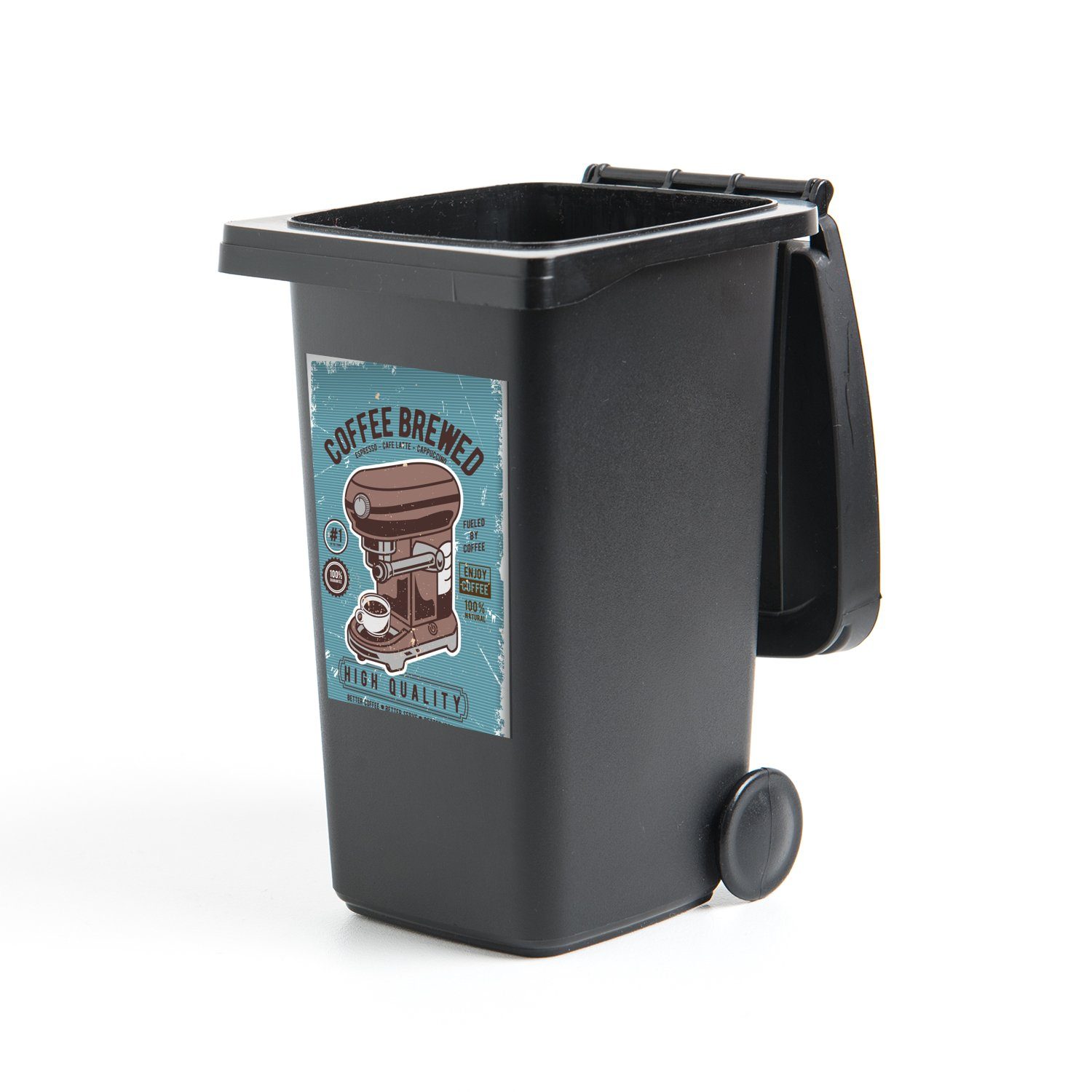 MuchoWow Wandsticker Kaffeemaschine - Retro - Mülltonne, - Kaffee Mülleimer-aufkleber, (1 Zeichnung Container, Abfalbehälter Sticker, St)