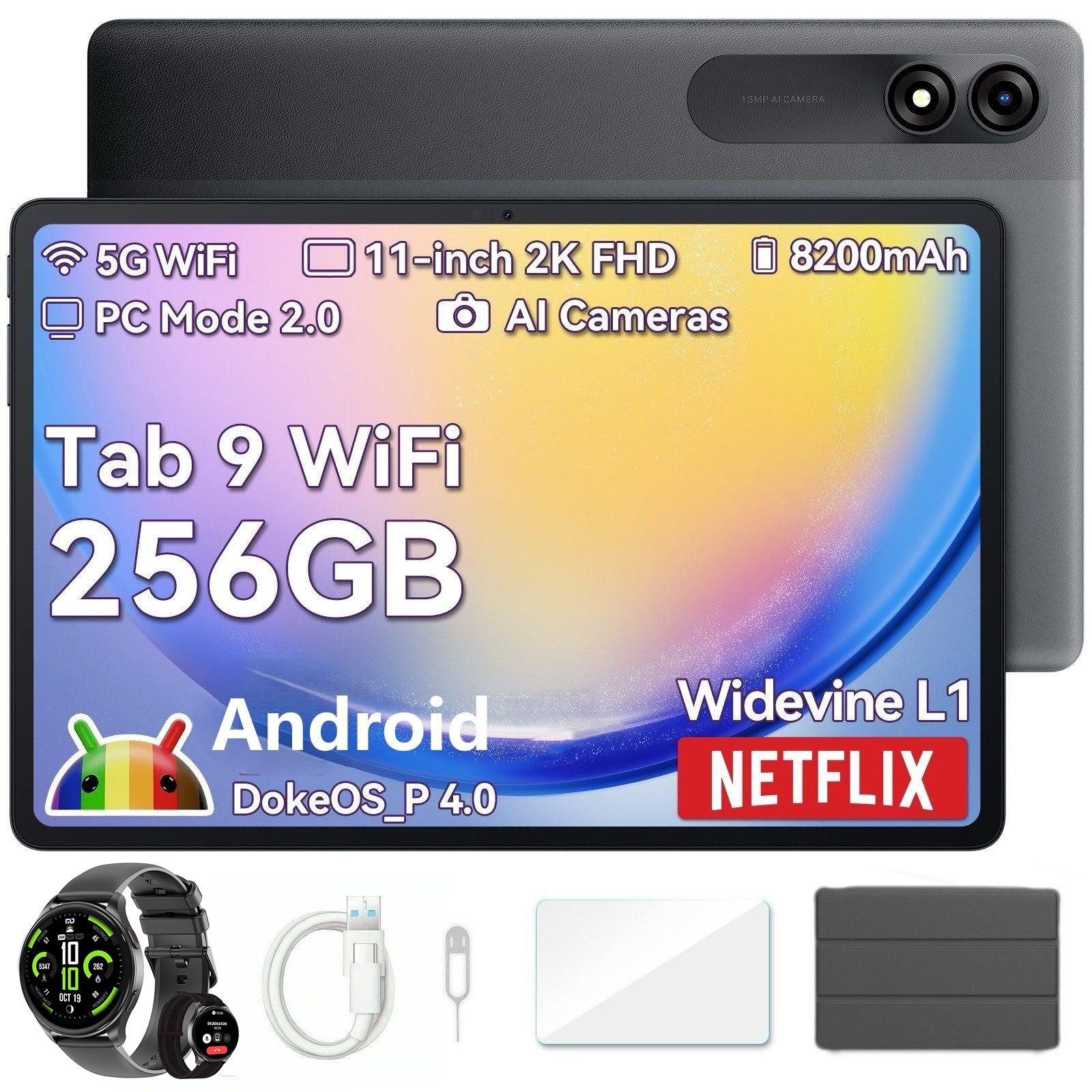 blackview 2025 11 " Tab9Wifi FHD Android 15 incl. Hülle/Tastatur/Smartwatch Tablet (11", 256 GB, 14, Android 14/15, FHD, 8200 mAh, Face ID, Dual-Box)