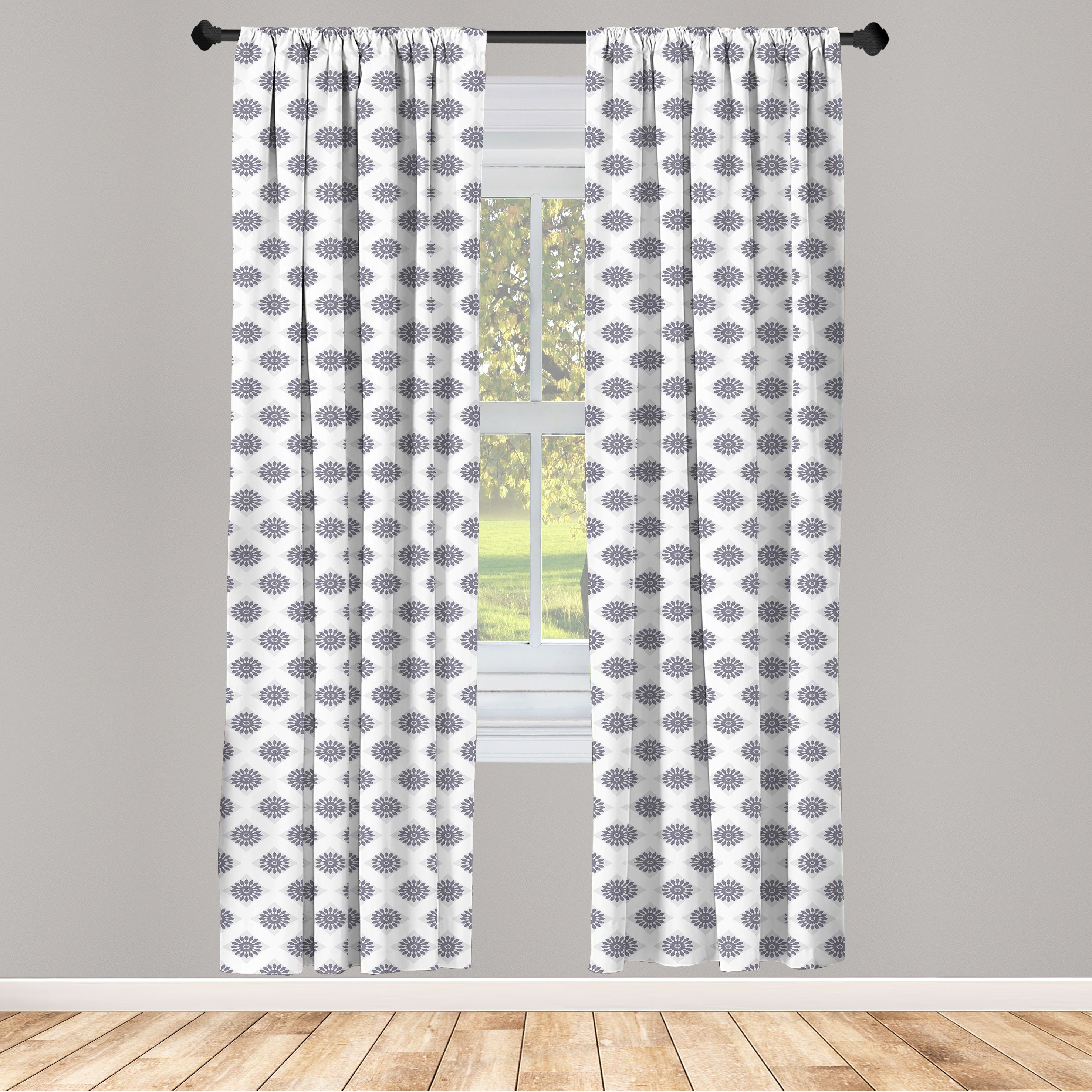Gardine Vorhang für Wohnzimmer Schlafzimmer Dekor, Abakuhaus, Microfaser, Blumen Graue Quadrate Blumen